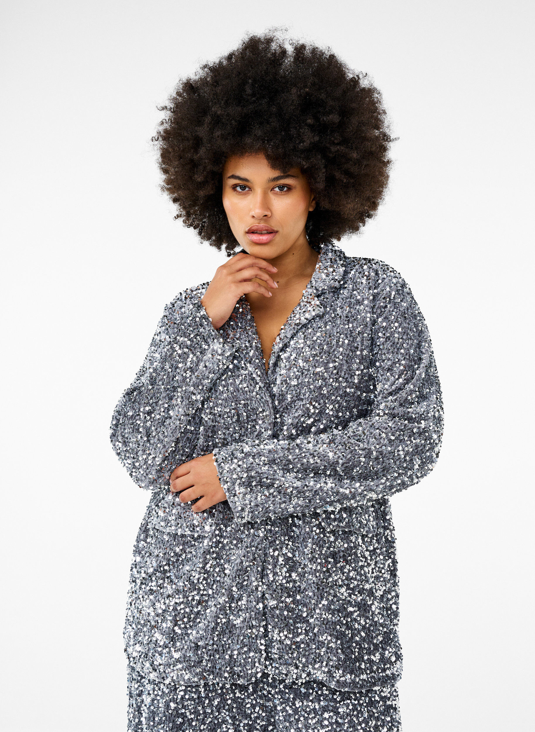 Zizzi Blazer &agrave; paillettes avec des poches, Silver, Model image number 0