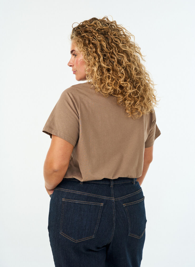 T-shirt en coton avec imprim&eacute; sur le devant et col en V, Marron, Model image number 2