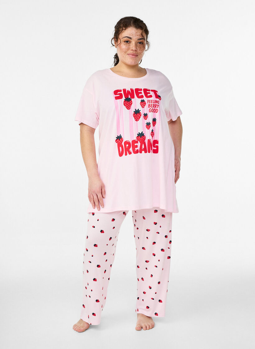 T-shirt de nuit long en coton bio avec imprim&eacute;, Rose poudr&eacute;e, Model image number 1