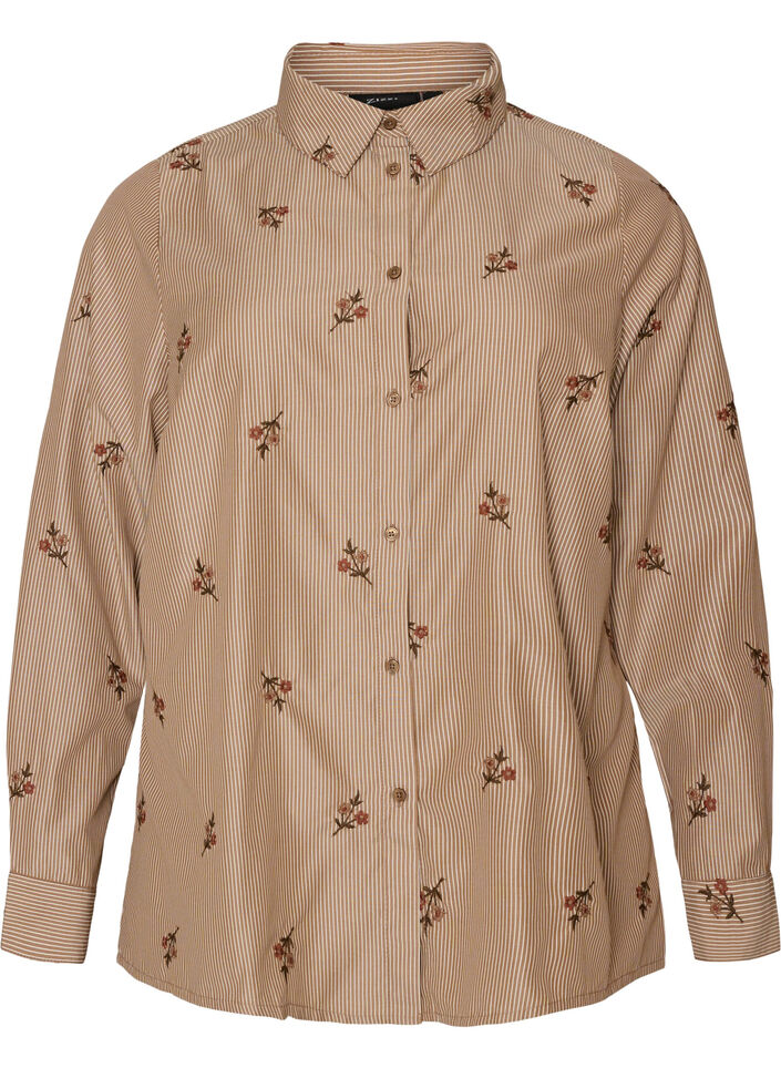 Chemise &agrave; rayures avec fleurs brod&eacute;es, Marron, Packshot