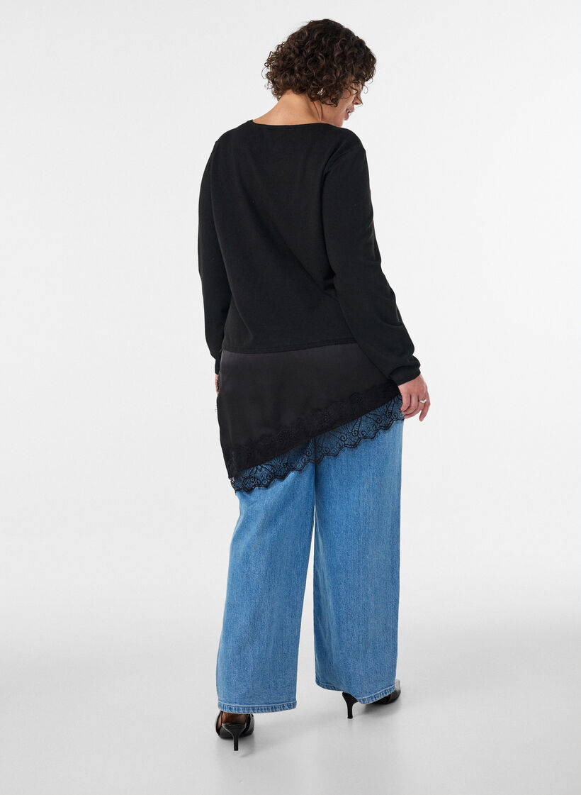 Blouse en maille &agrave; effet superpos&eacute; et bordure en dentelle, Noir, Model image number 2