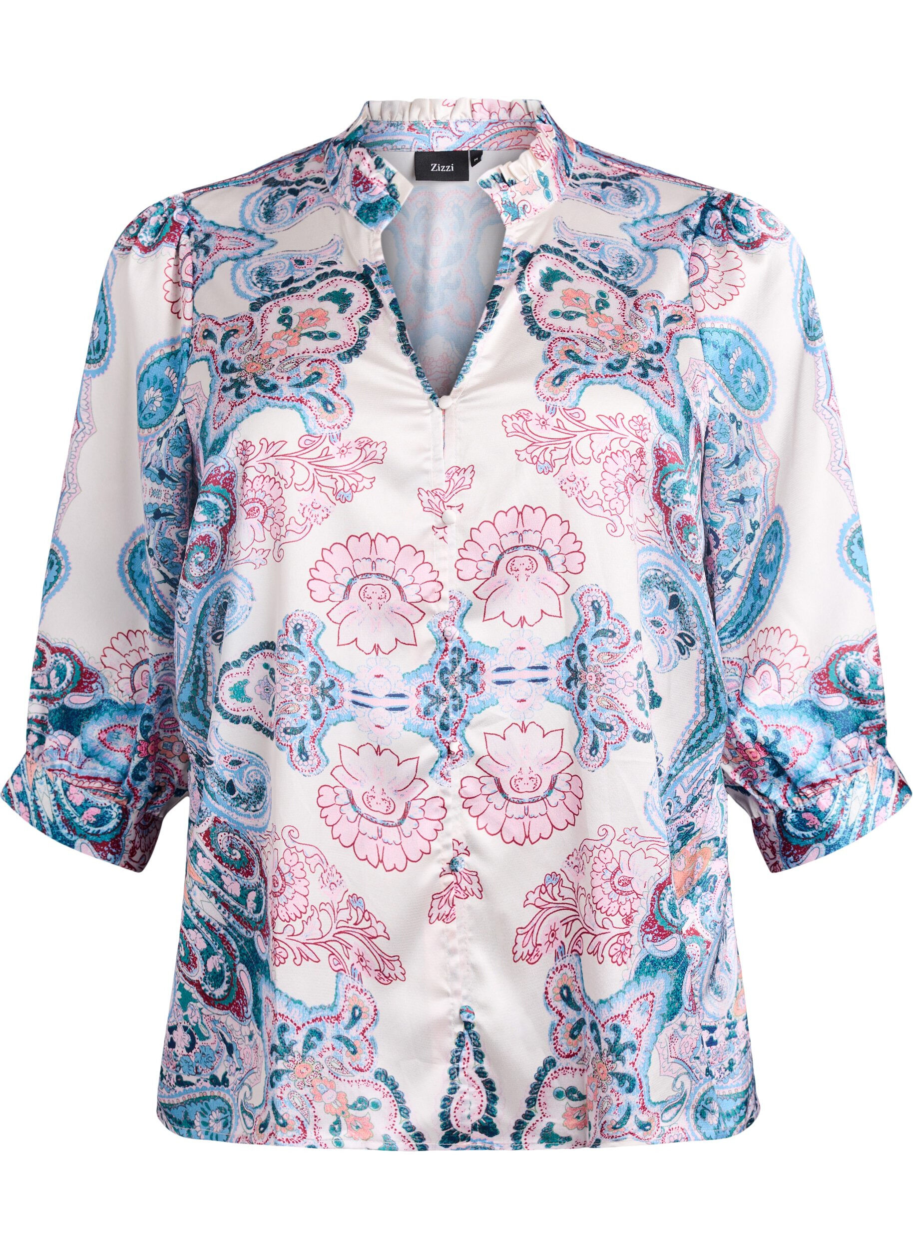 ZizziBlouse satin&eacute;e &agrave; imprim&eacute; cachemire et manches 3/4, Bleu, Packshot image number 0