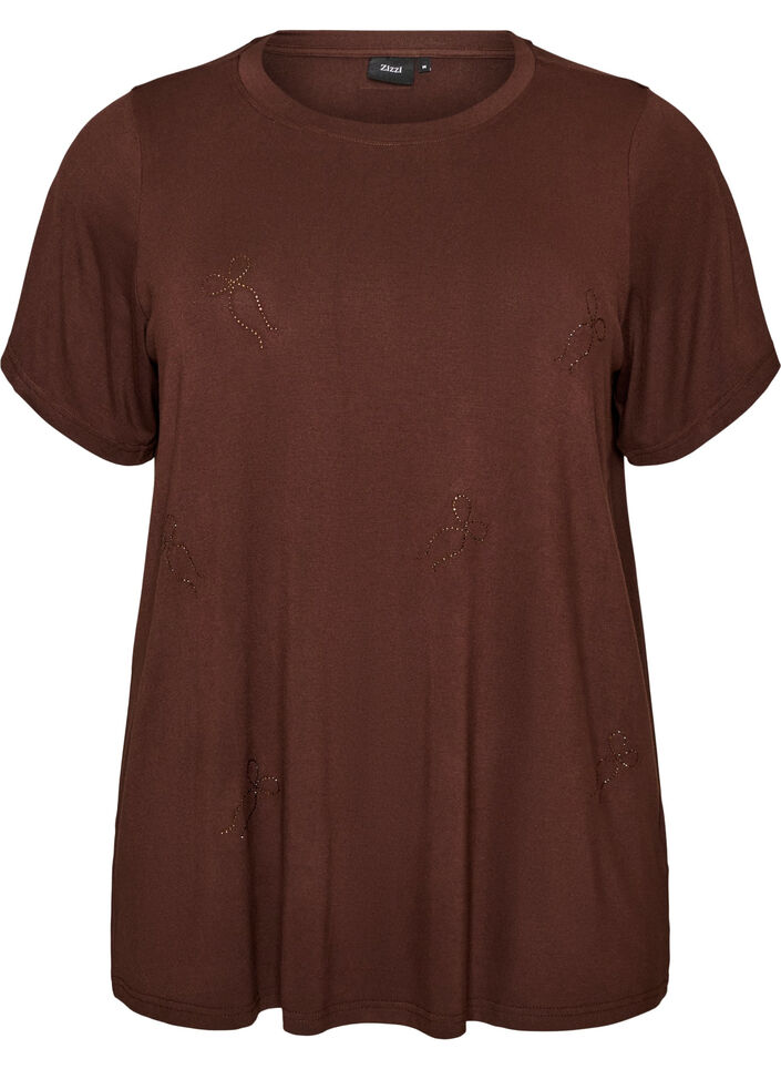 T-shirt en viscose avec strass, Marron, Packshot image number 0