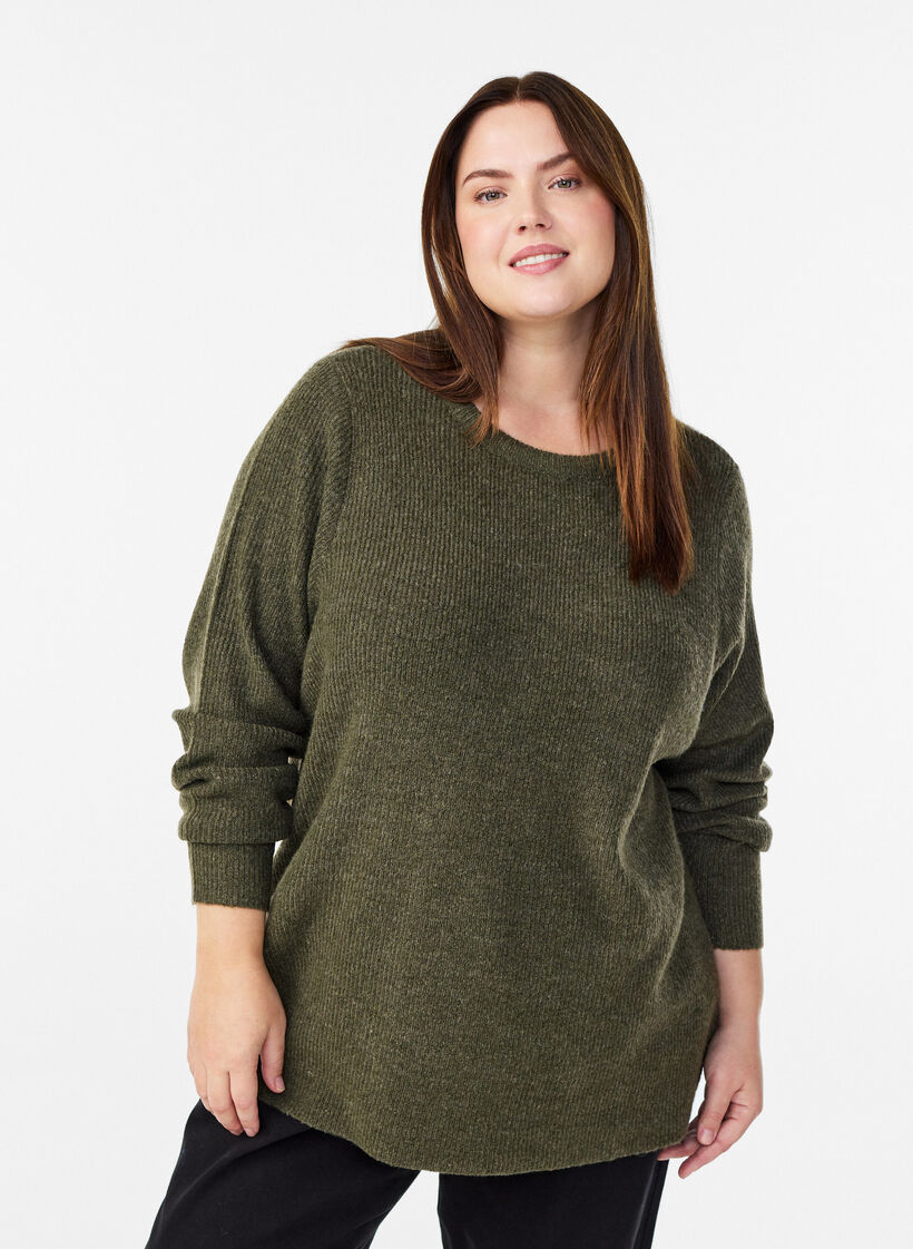 Blouse en maille chin&eacute;e &agrave; col rond, Vert fonc&eacute;, Model image number 0