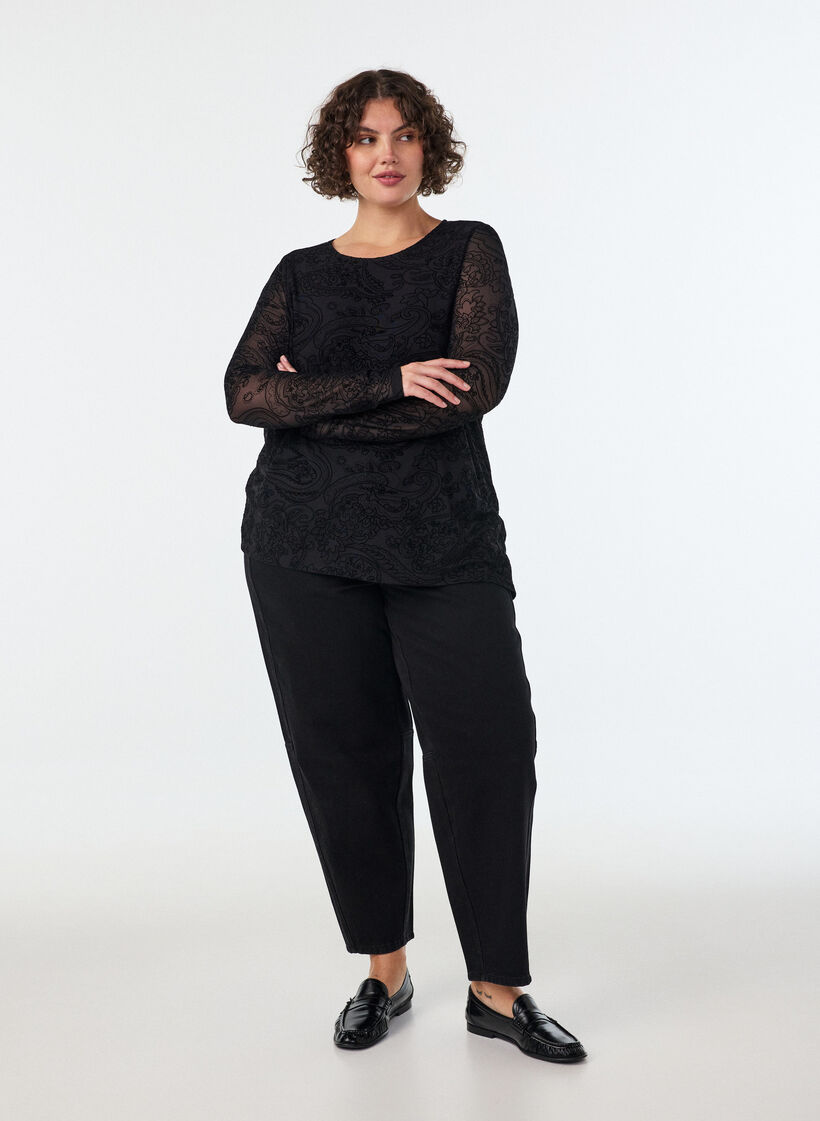 Blouse en maille avec imprim&eacute; cachemire et ourlet asym&eacute;trique, Noir, Model image number 1