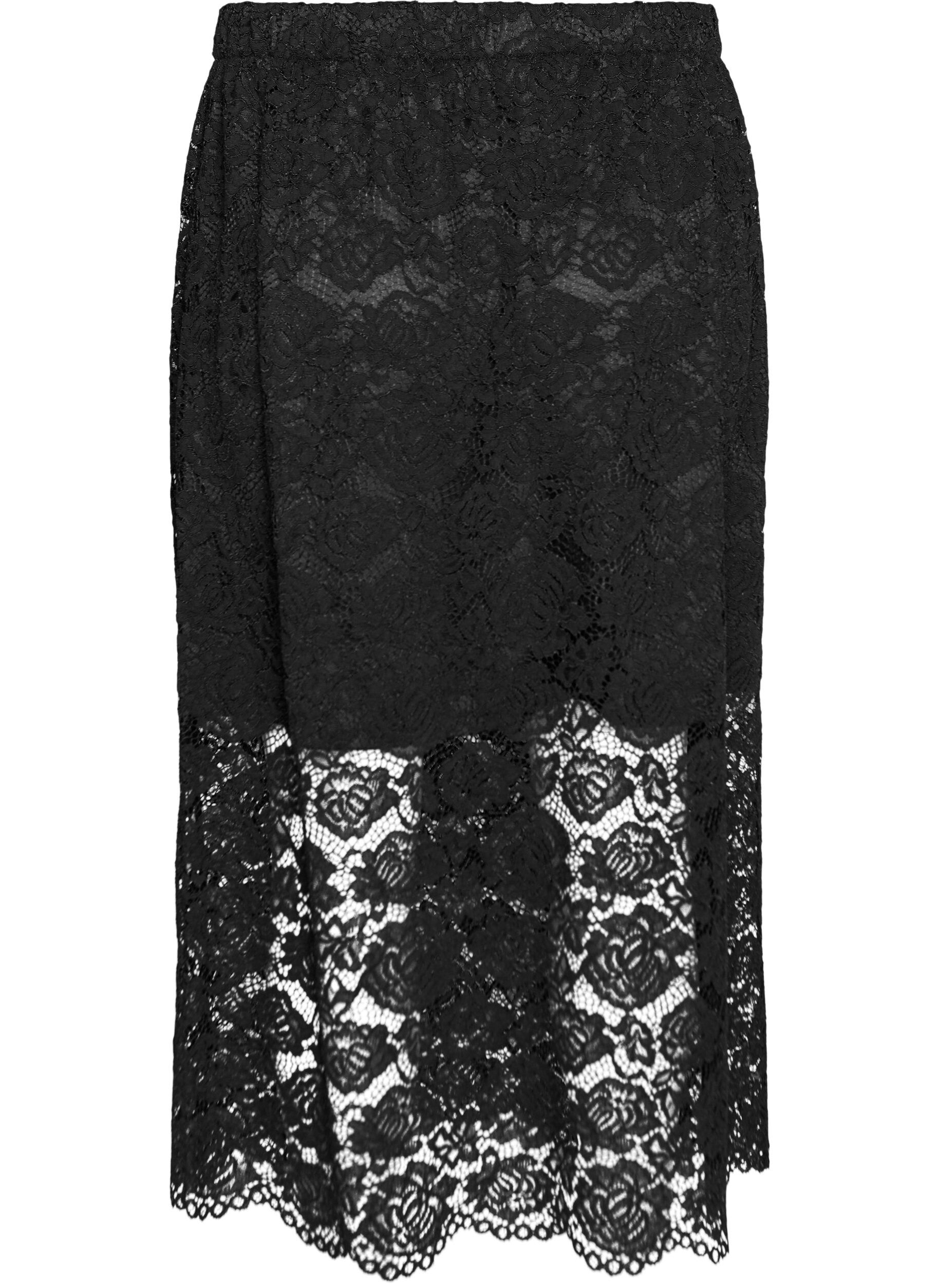 ZizziJupe midi en dentelle avec taille &eacute;lastique, Noir, Packshot image number 1