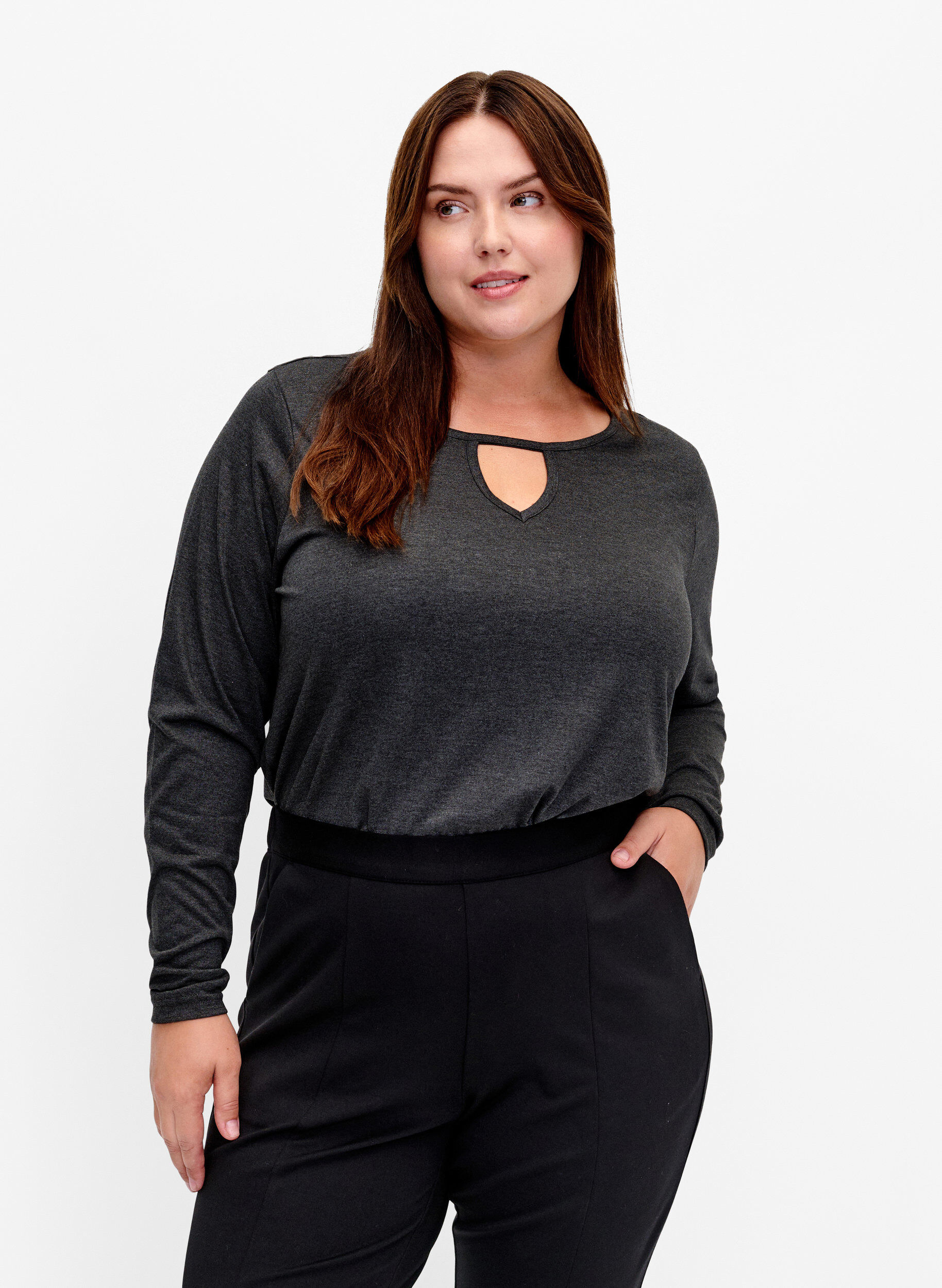 Zizzi Blouse &agrave; manches longues en m&eacute;lange, Black Mel. , Model image number 0