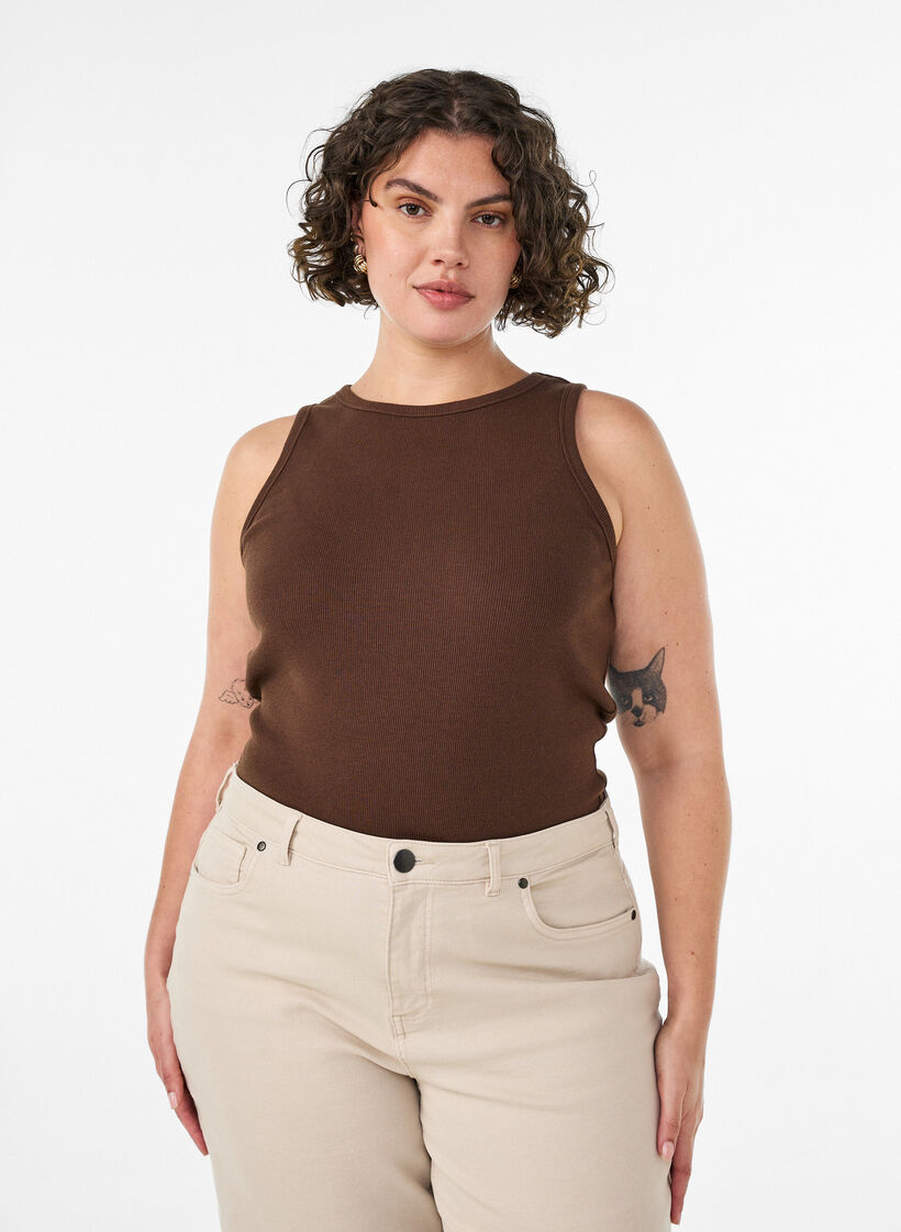 Top en coton c&ocirc;tel&eacute; avec col montant, Marron, Model image number 0