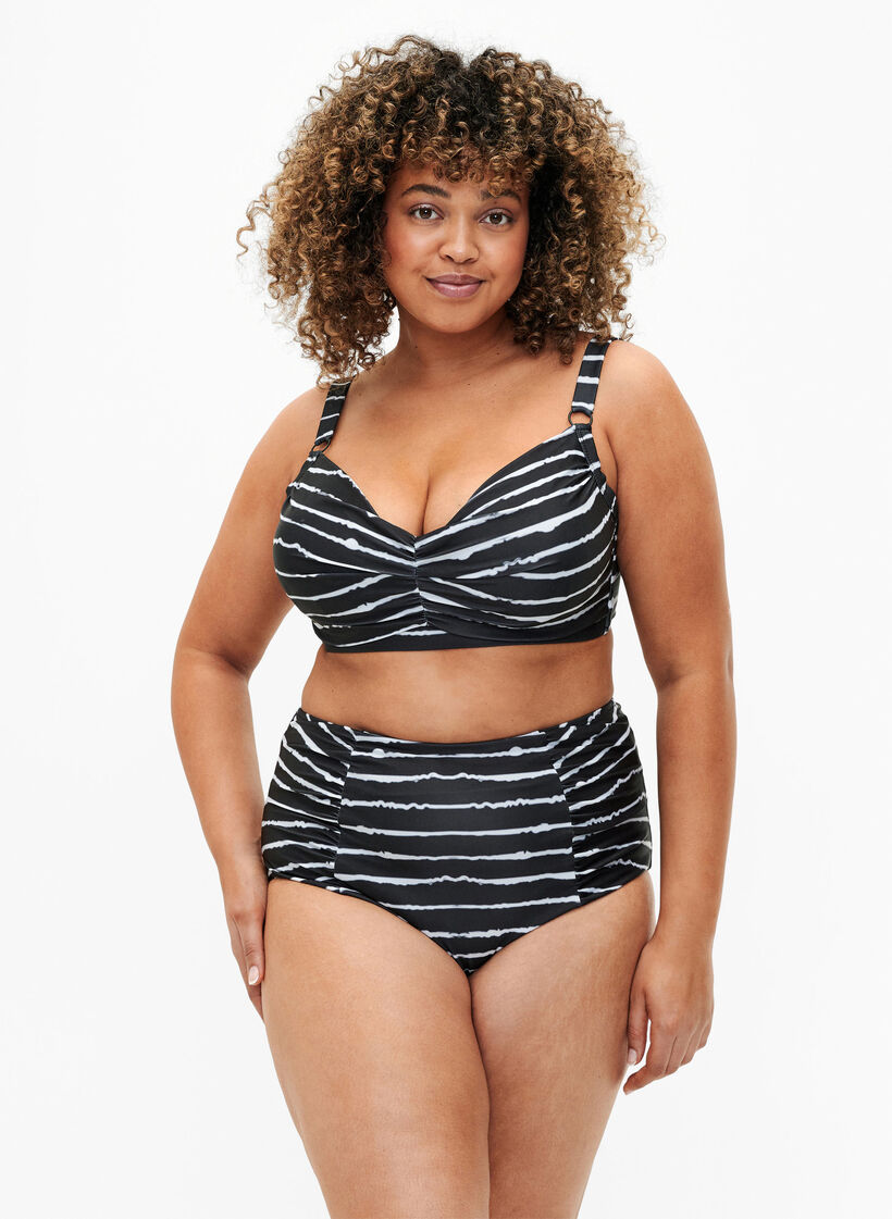 Bas de bikini à rayée avec taille haute, Noir, Model image number 0