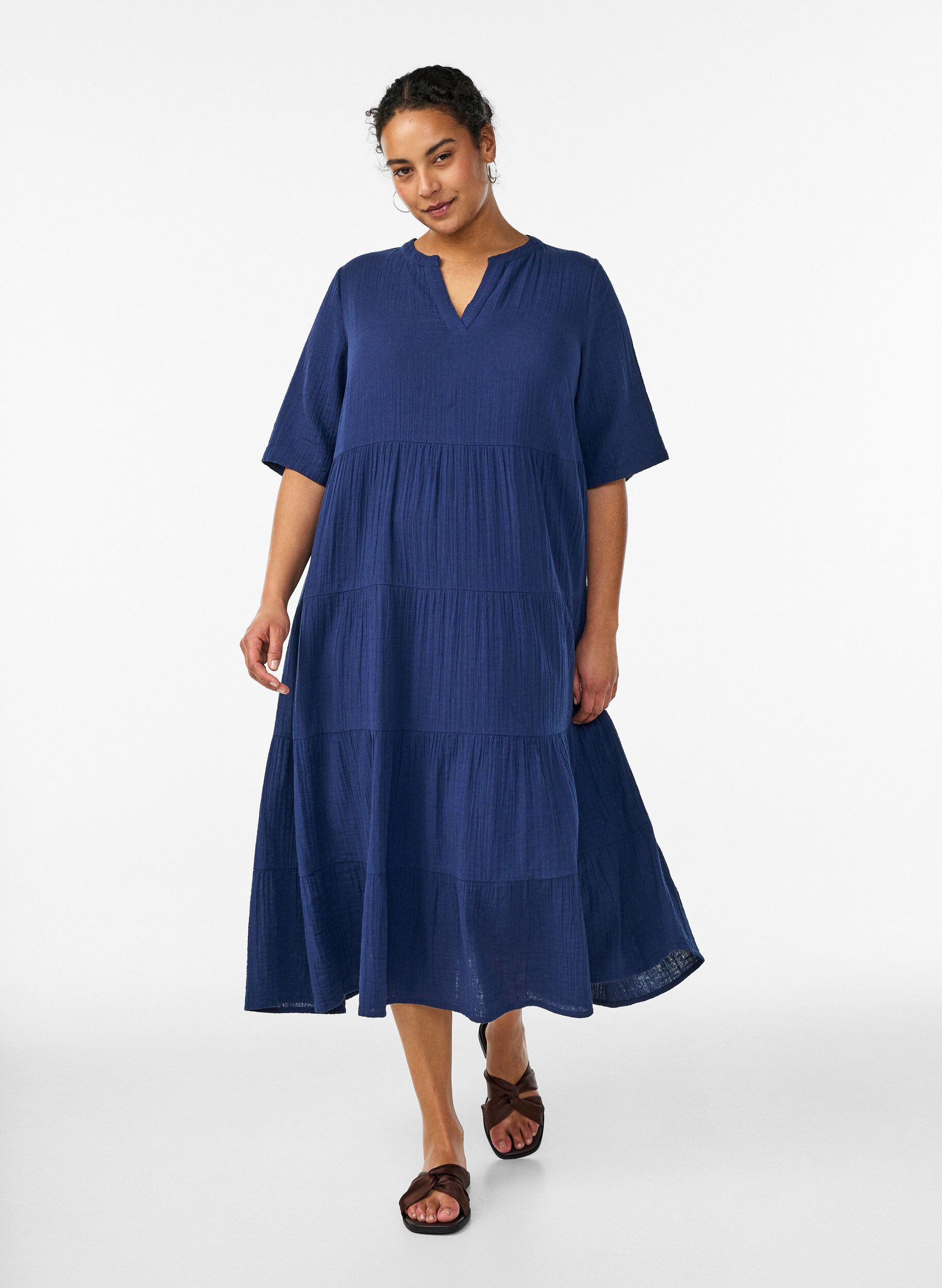 ZizziRobe midi coupe &eacute;vas&eacute;e en mousseline de coton, Bleu, Model image number 0