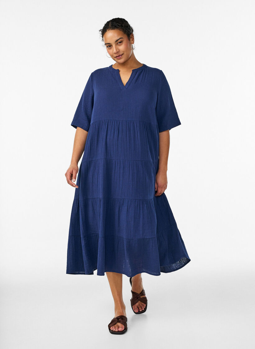 Robe midi coupe &eacute;vas&eacute;e en mousseline de coton, Bleu, Model image number 0