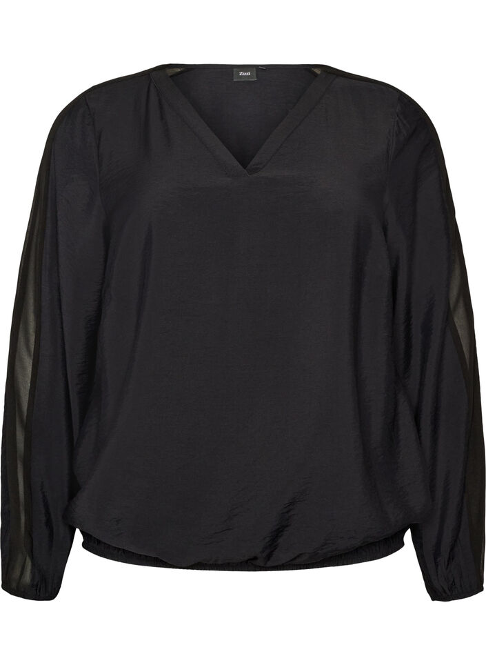 Blouse avec effet ballon et d&eacute;tails en mousseline, Noir, Packshot image number 0