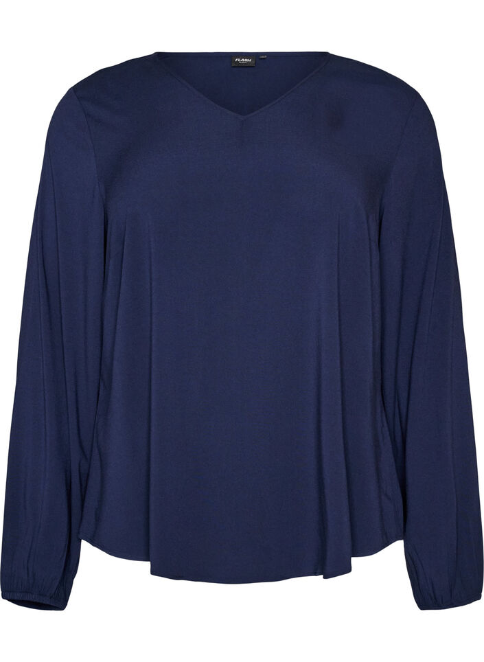 Blouse en viscose avec col en V et ourlet arrondi, Bleu, Packshot image number 0