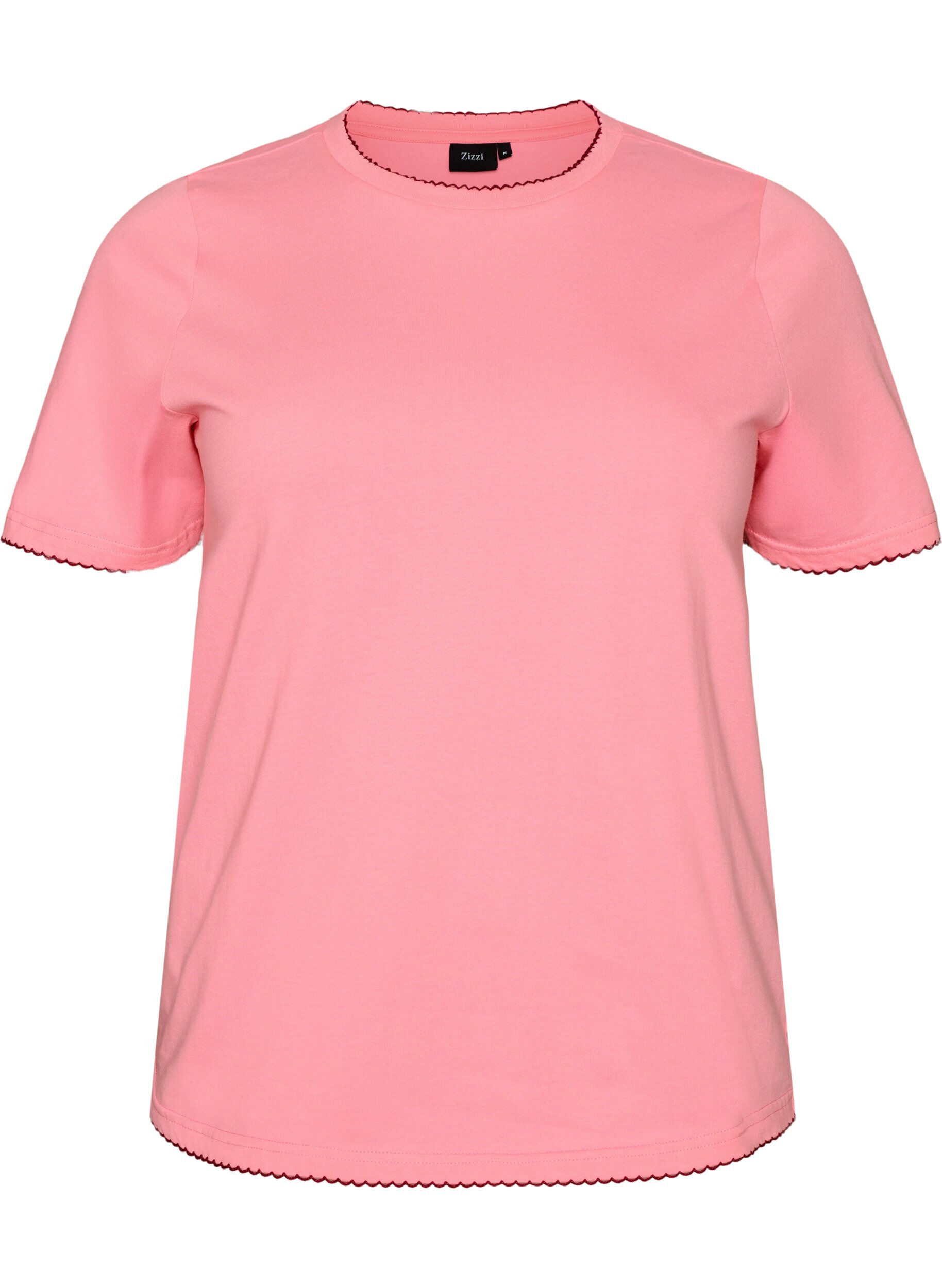 ZizziT-shirt en coton avec bords ondul&eacute;s contrastants, Rose, Packshot image number 0