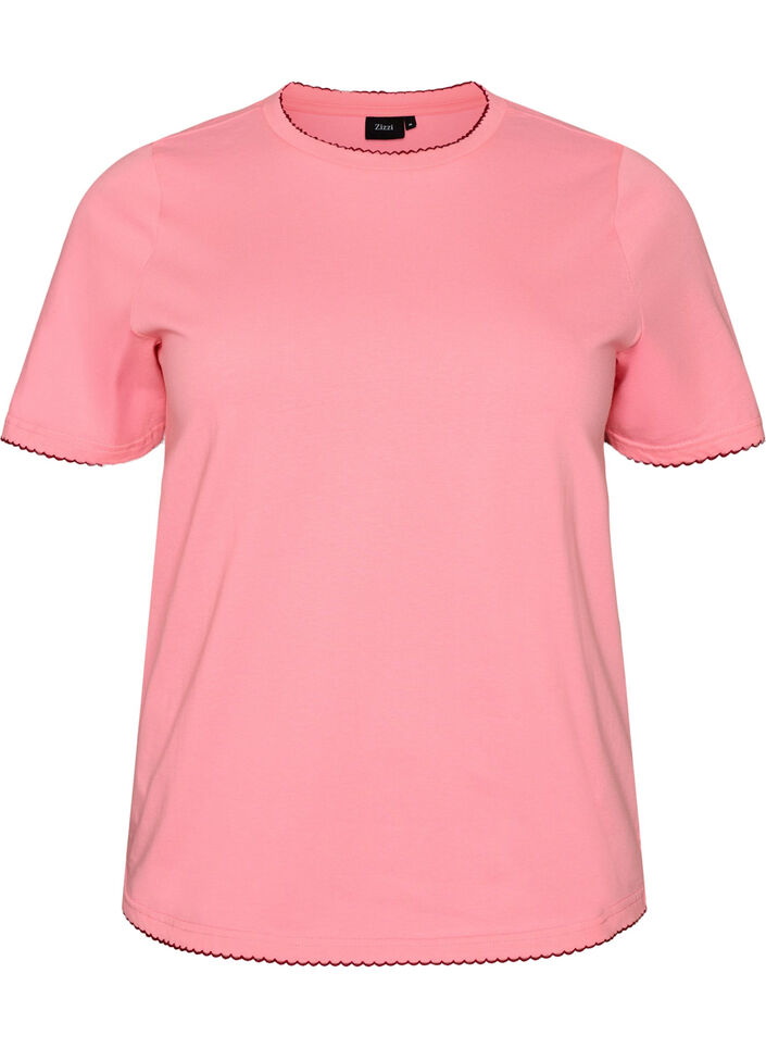 T-shirt en coton avec bords ondul&eacute;s contrastants, Rose, Packshot image number 0
