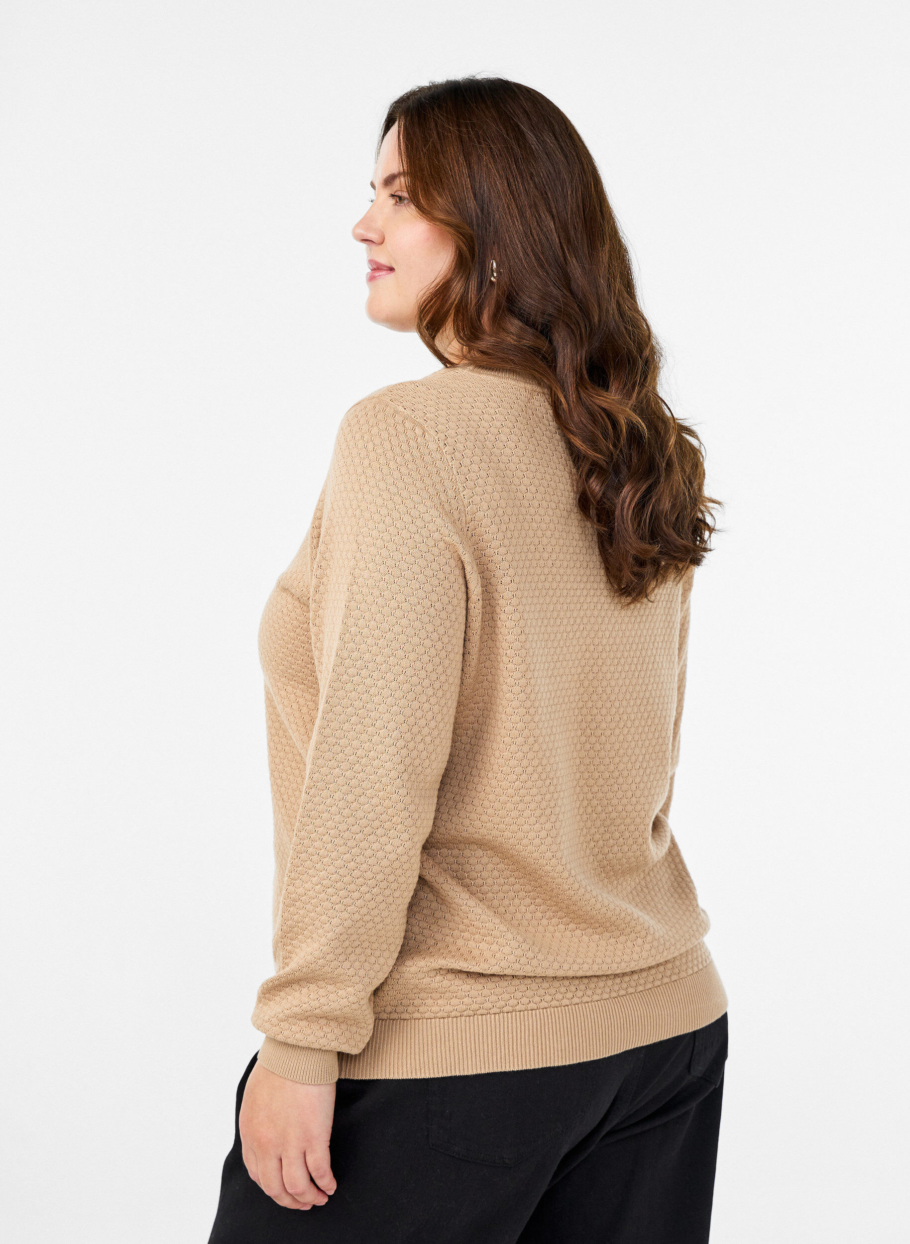 Zizzi Blouse en maille de coton &agrave; motif textur&eacute;, Beige, Model image number 2
