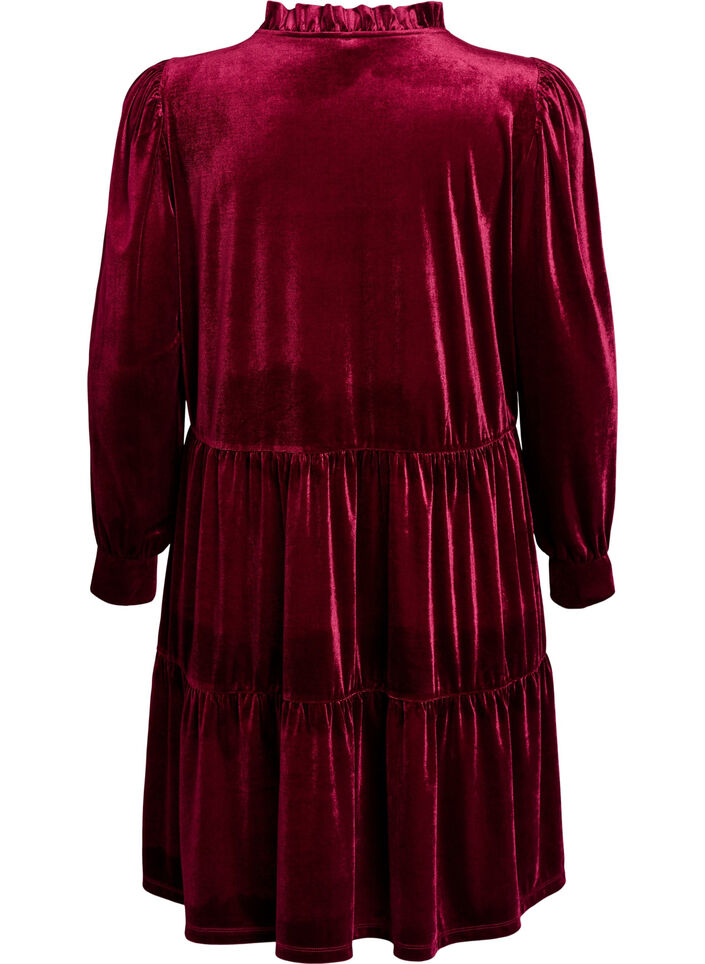 Robe courte en velours avec un col &agrave; volants et des manches longues, Rouge, Packshot image number 1