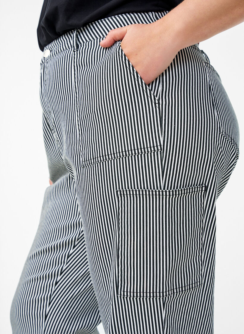 Jeans cargo rayés taille haute, Noir, Image image number 0