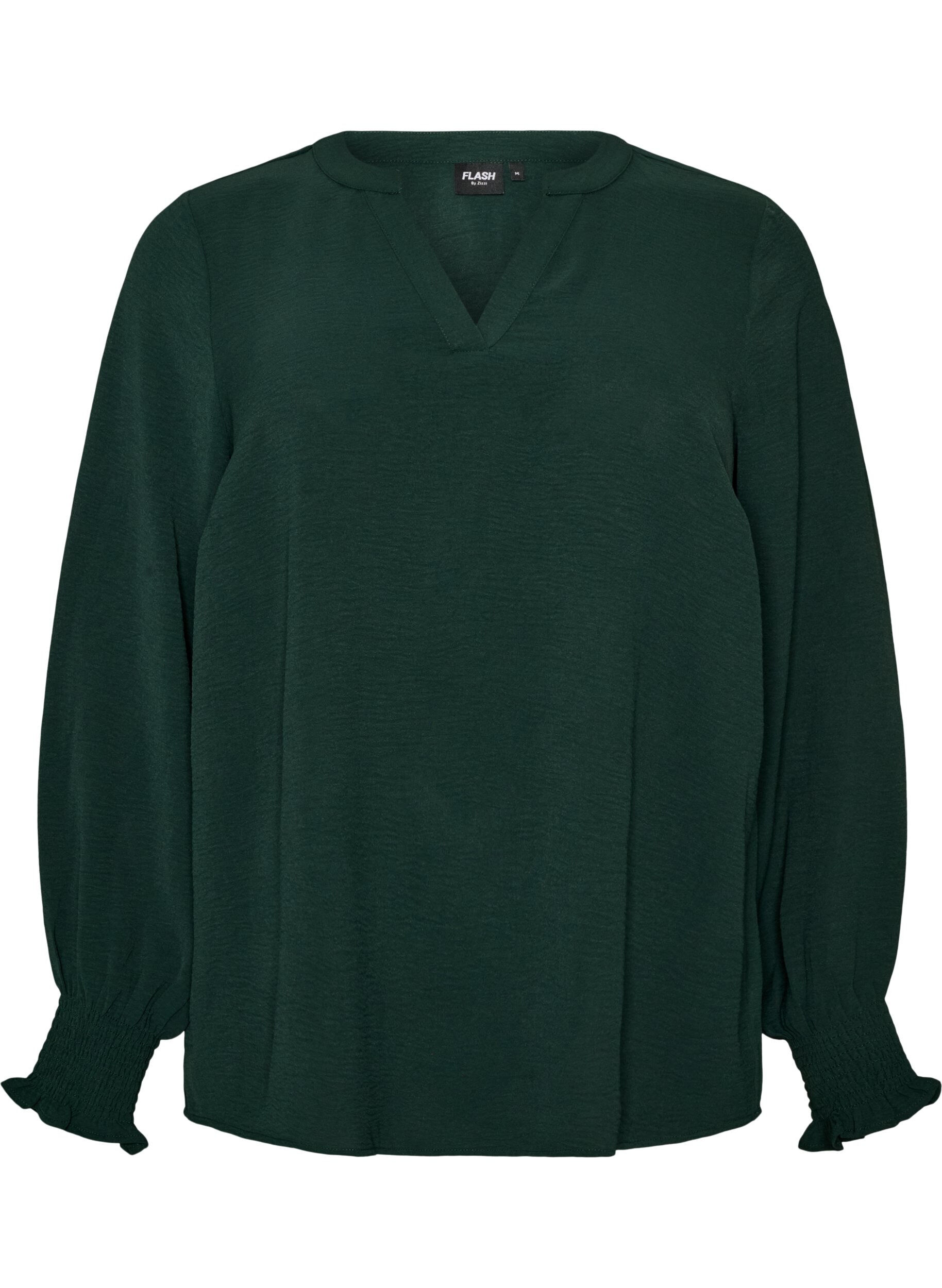 ZizziBlouse avec poignets smock&eacute;s et col en V, Vert fonc&eacute;, Packshot image number 0