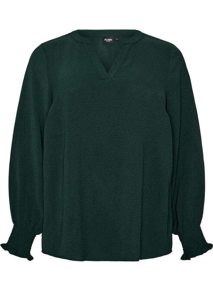 Blouse avec poignets smock&eacute;s et col en V, Vert fonc&eacute;, Packshot image number 0