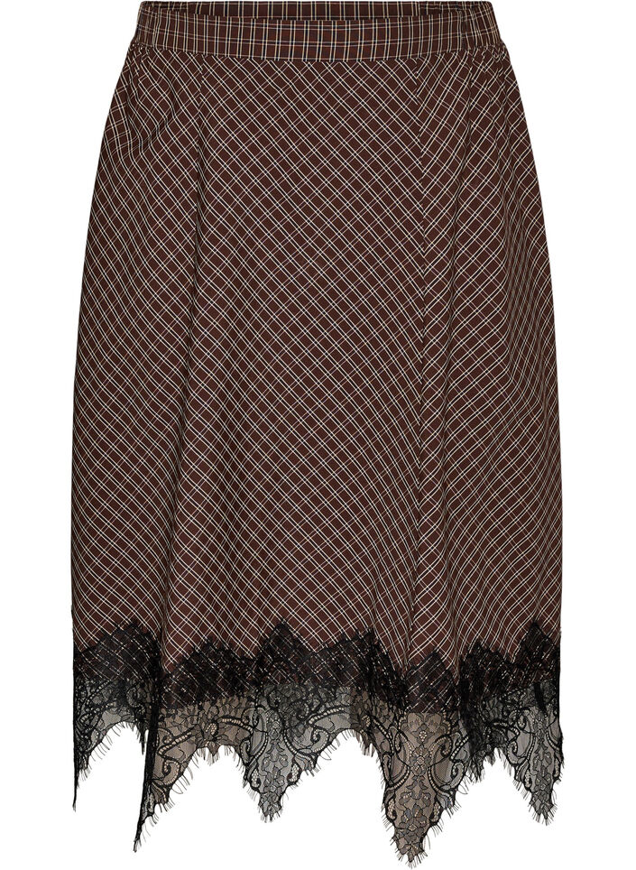 Jupe midi &agrave; carreaux avec bordure en dentelle, Marron, Packshot