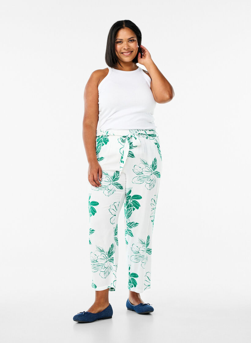 Pantalon taille haute en viscose, Vert, Model image number 0