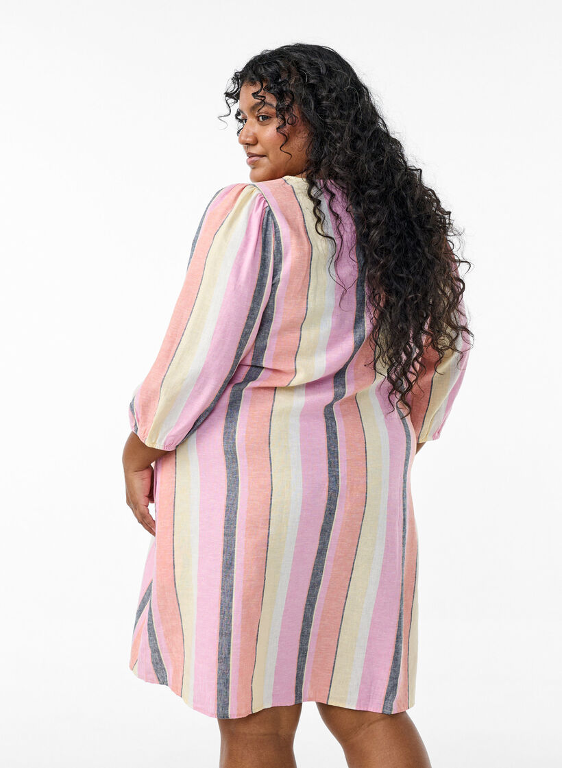 Robes courtes en lin et viscose &agrave; manches 3/4, Jaune, Model image number 2