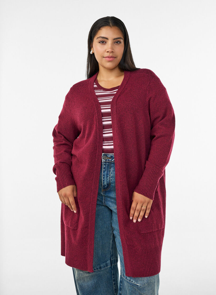 Cardigan en tricot c&ocirc;tel&eacute; avec poches, Bordeaux, Model image number 0