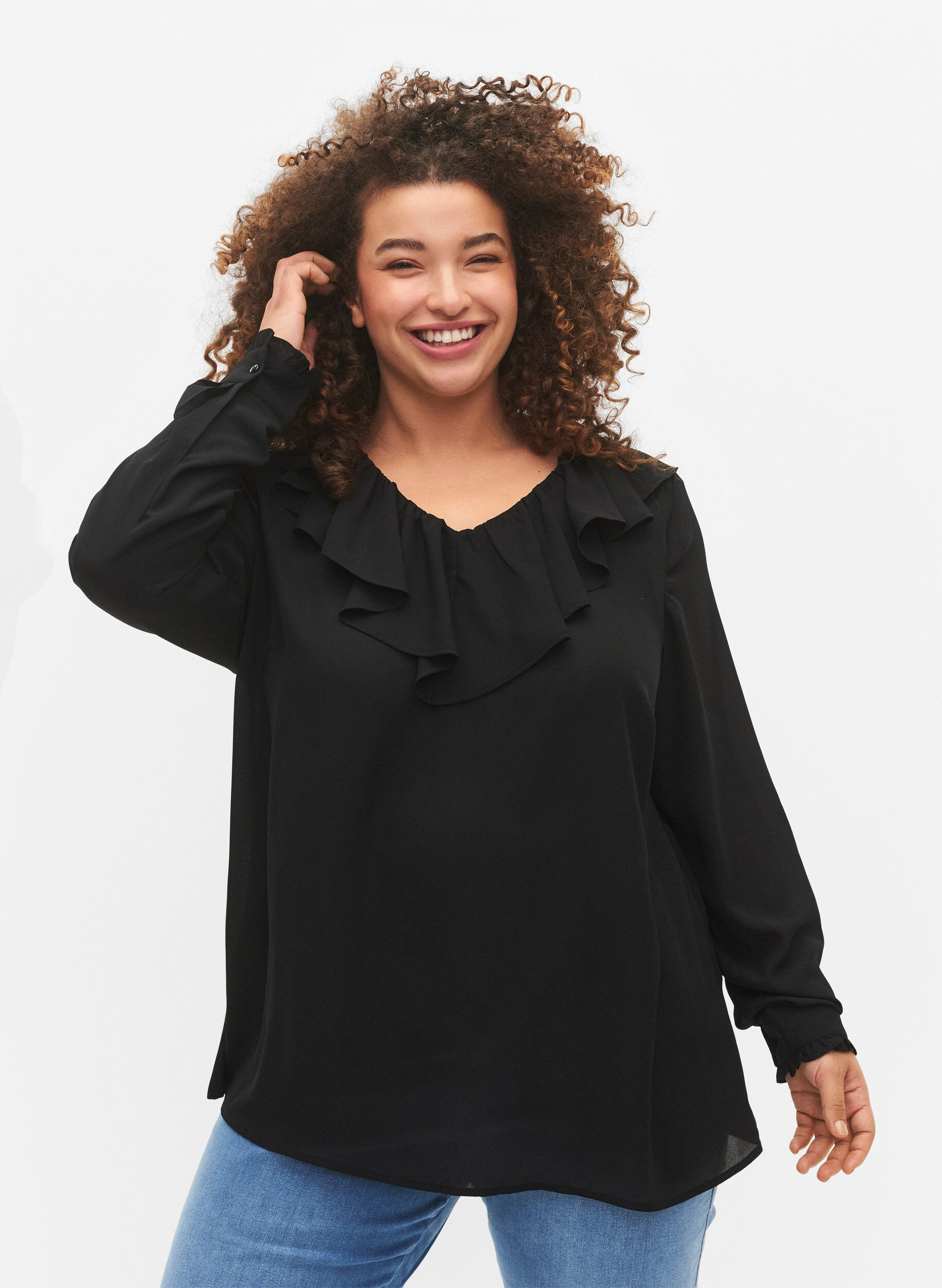Zizzi Blouse &agrave; manches longues &agrave; volants, Black, Model image number 0