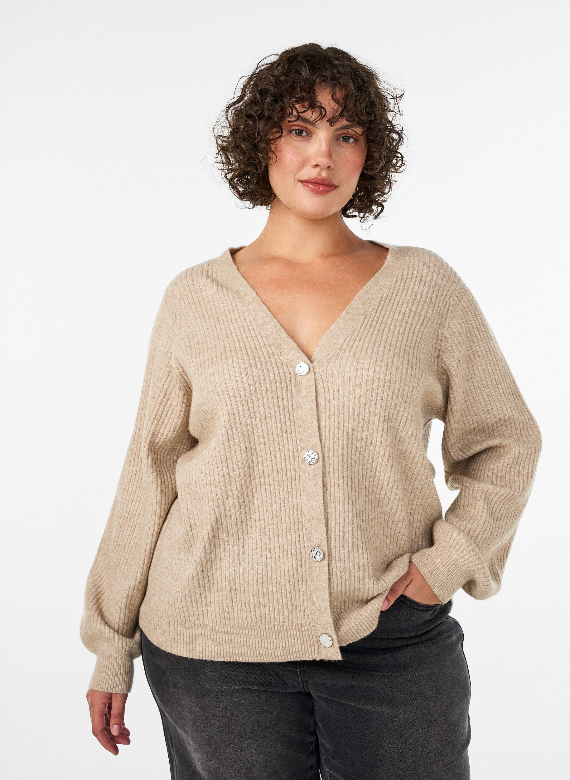 ZizziCardigan avec col en V et texture c&ocirc;tel&eacute;e, Beige, Model image number 0