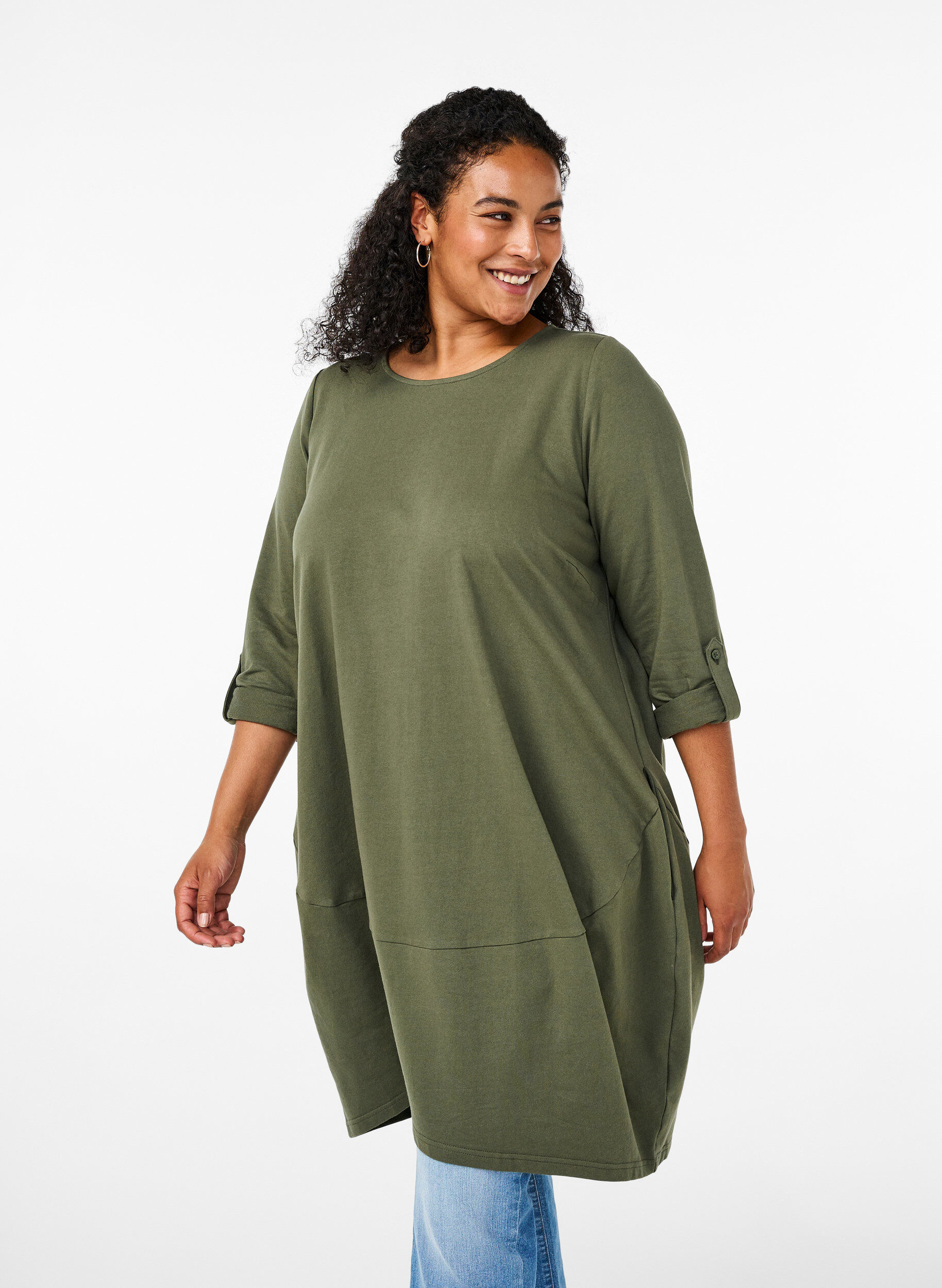 Robe ballon en coton avec poches, Vert, Model