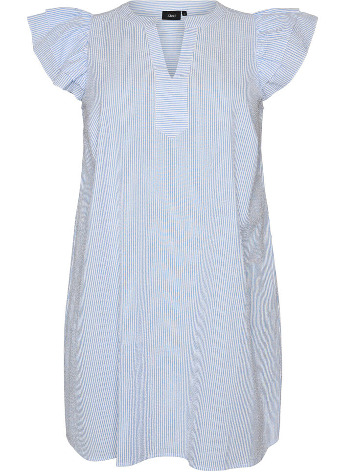 Robe ray&eacute;e en coton avec volants et coupe &eacute;vas&eacute;e, Bleu Clair, Packshot image number 0