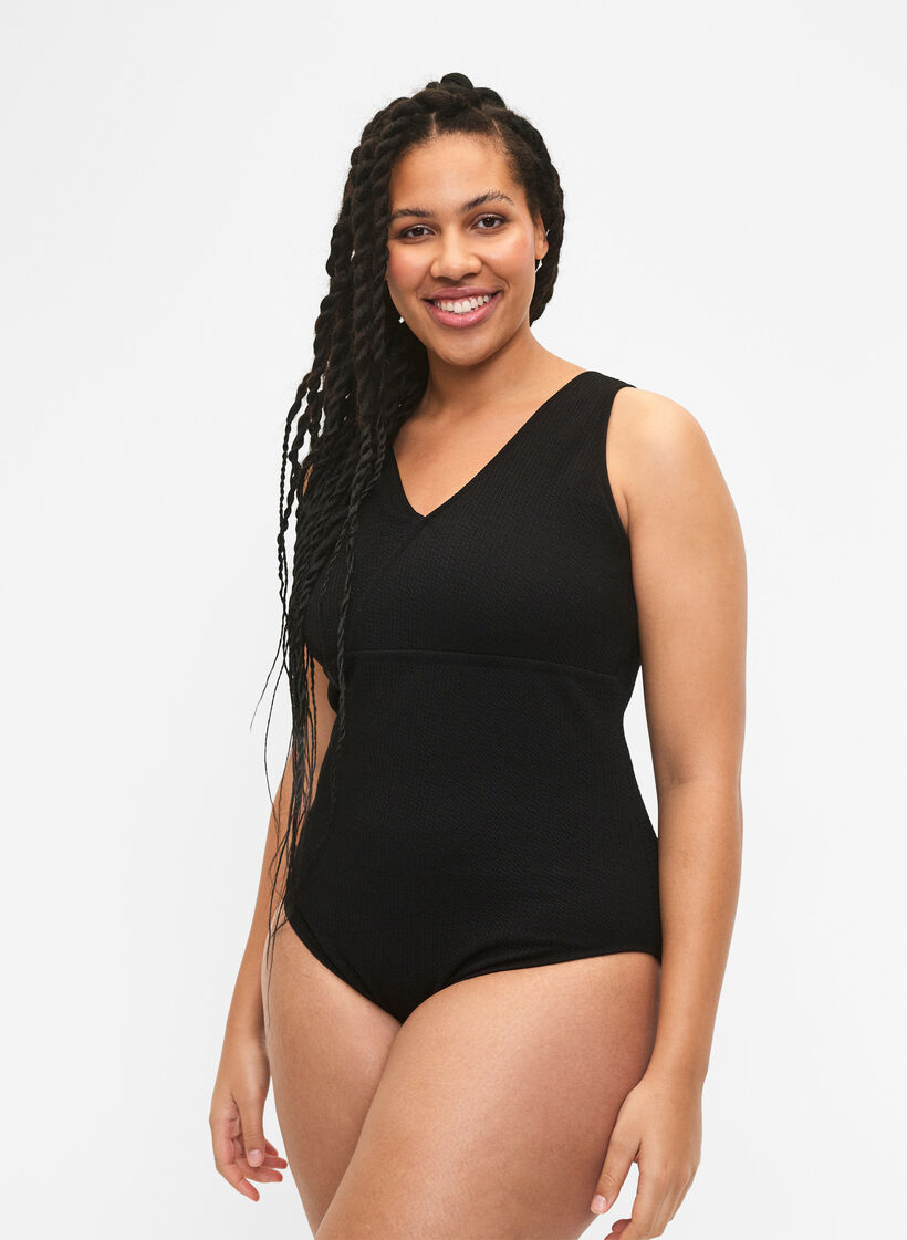 Maillot de bain avec texture en crêpe et effet enveloppant, Black, Model image number 0