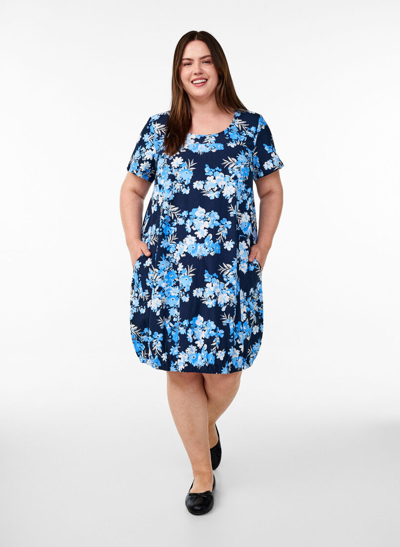 Robe en coton &agrave; manches courtes avec imprim&eacute;, Bleu, Model image number 1