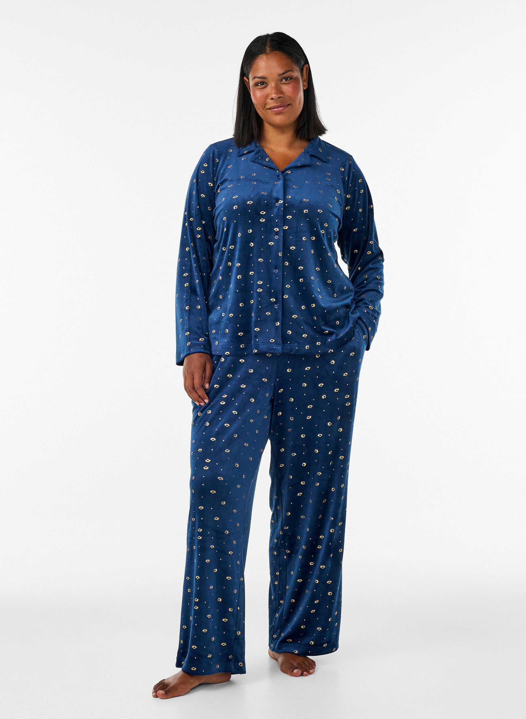 ZizziChemise de pyjama en velours avec un imprim&eacute; int&eacute;gral, Bleu, Model image number 1