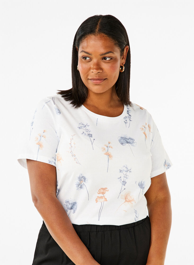 T-shirt en coton biologique avec imprimé floral, White W. Blue flower, Model image number 0