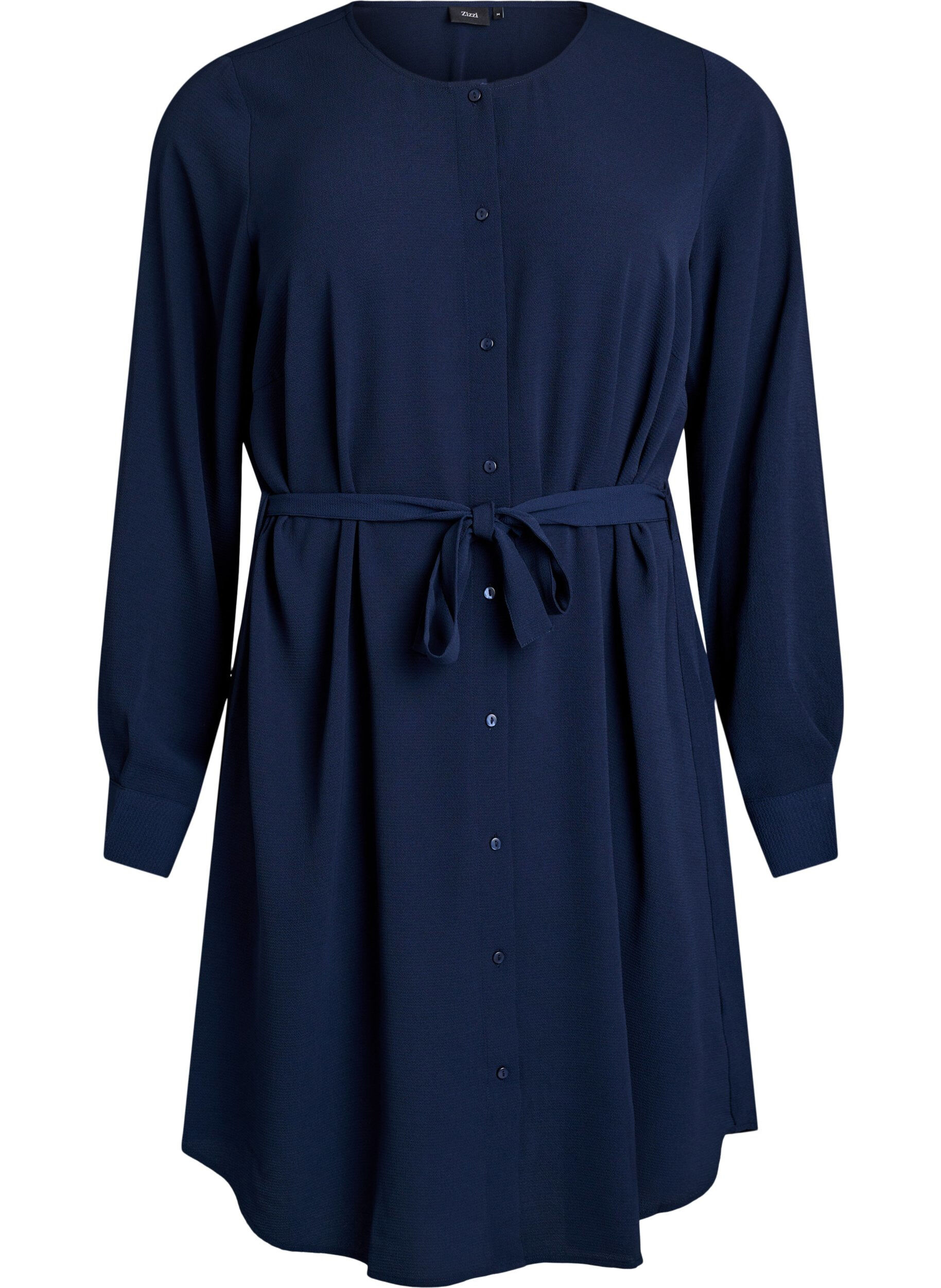 Robe chemise &agrave; manches longues avec ceinture &agrave; nouer