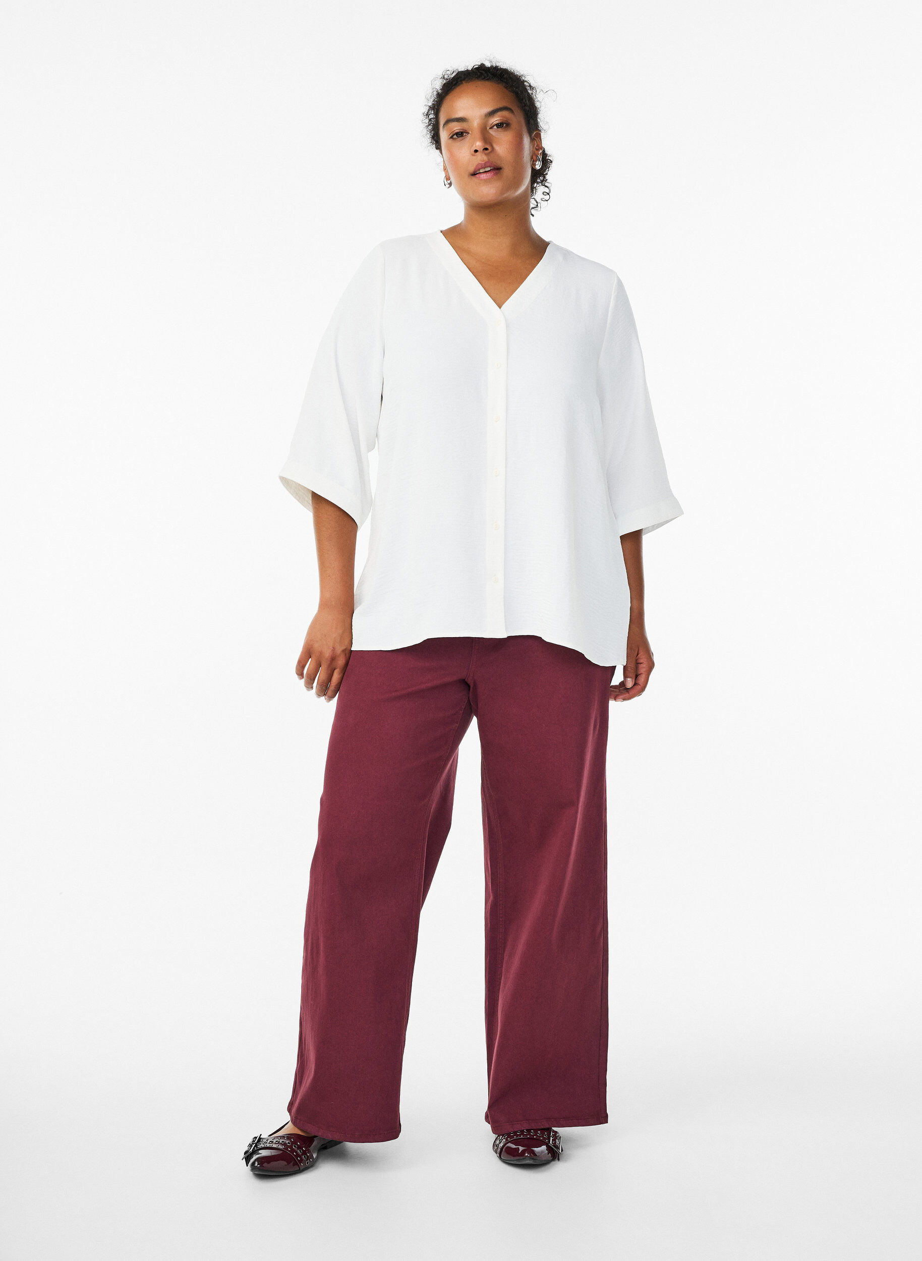 Zizzi Chemisier &agrave; col V et manches 3/4, Vanille, Model image number 1