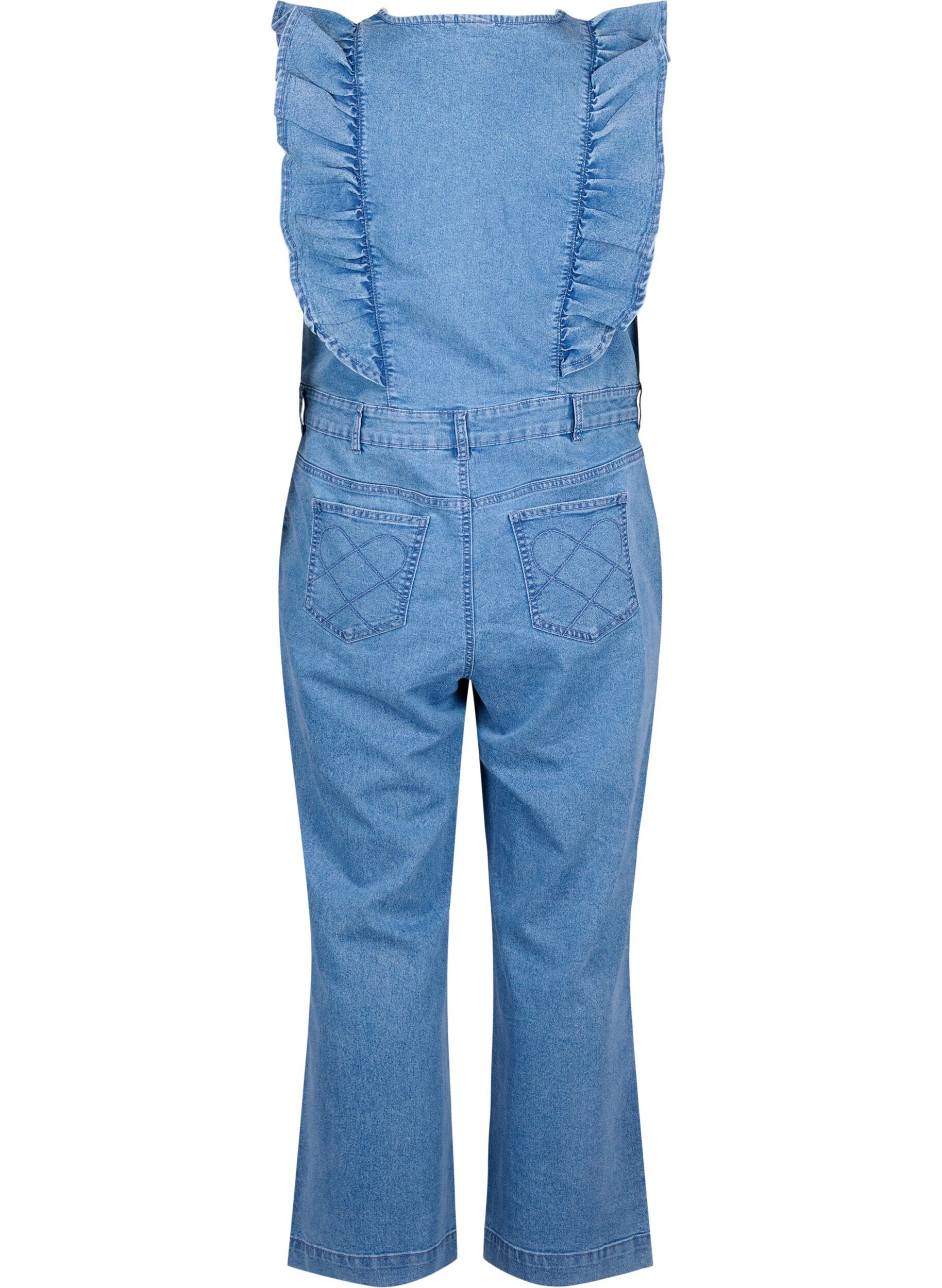 Zizzi Combinaison en denim avec volants, Light Blue Denim, Packshot image number 1