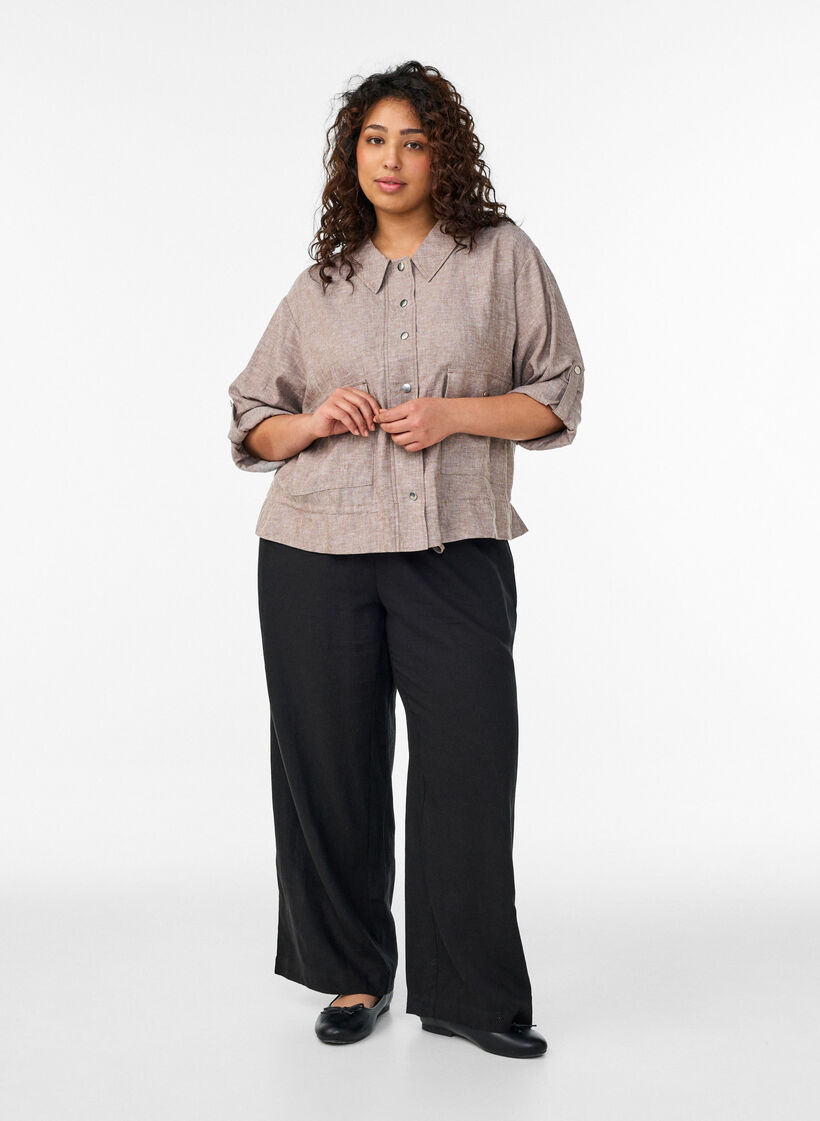 Pantalon ample en lin et viscose, Noir, Model image number 0