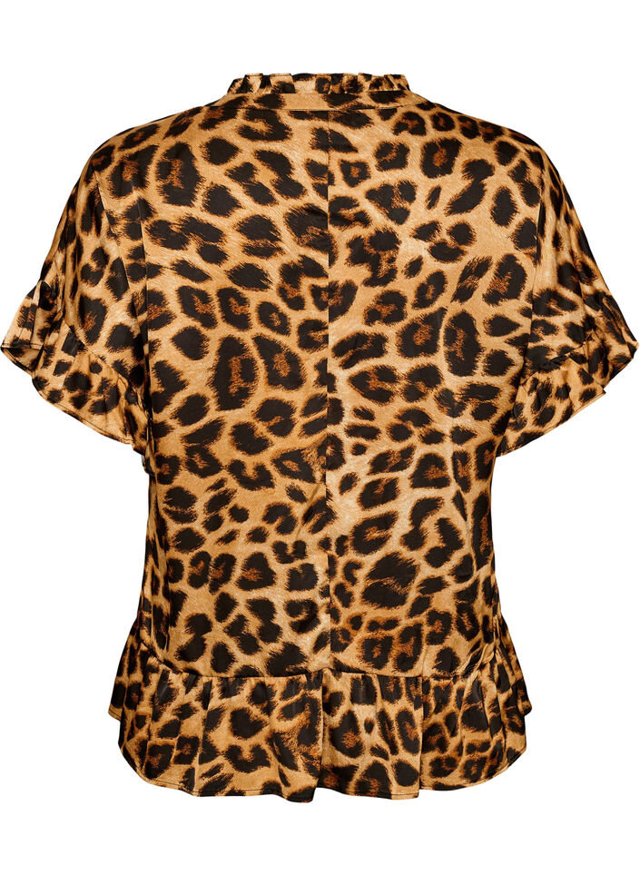 Blouse avec imprim&eacute; l&eacute;opard et volants, Marron, Packshot image number 1