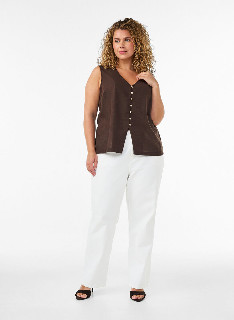 Gilet sans manches avec col en V et boutons, Marron, Model image number 1