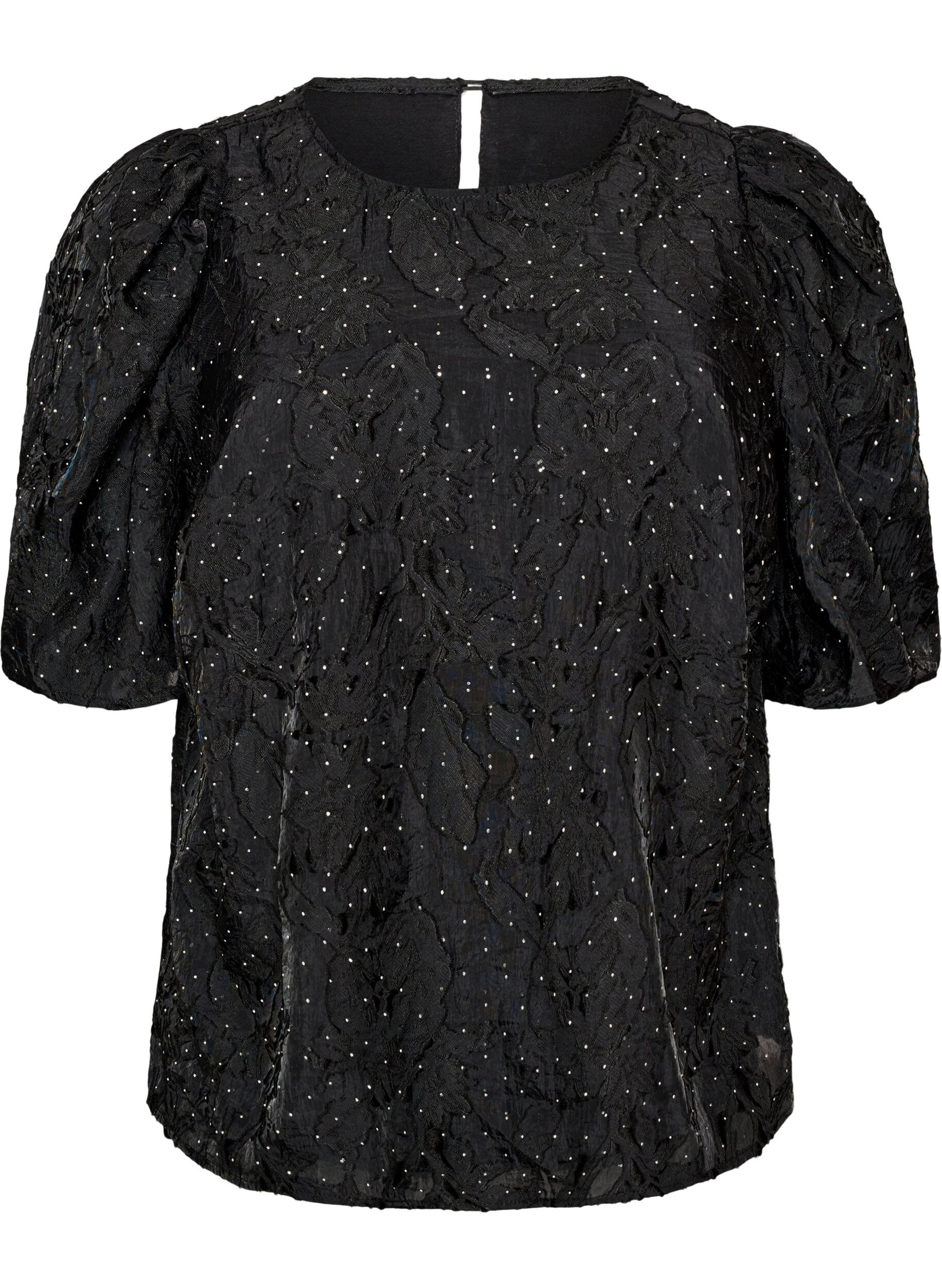 Blouse jacquard avec d&eacute;tails scintillants et manches bouffantes