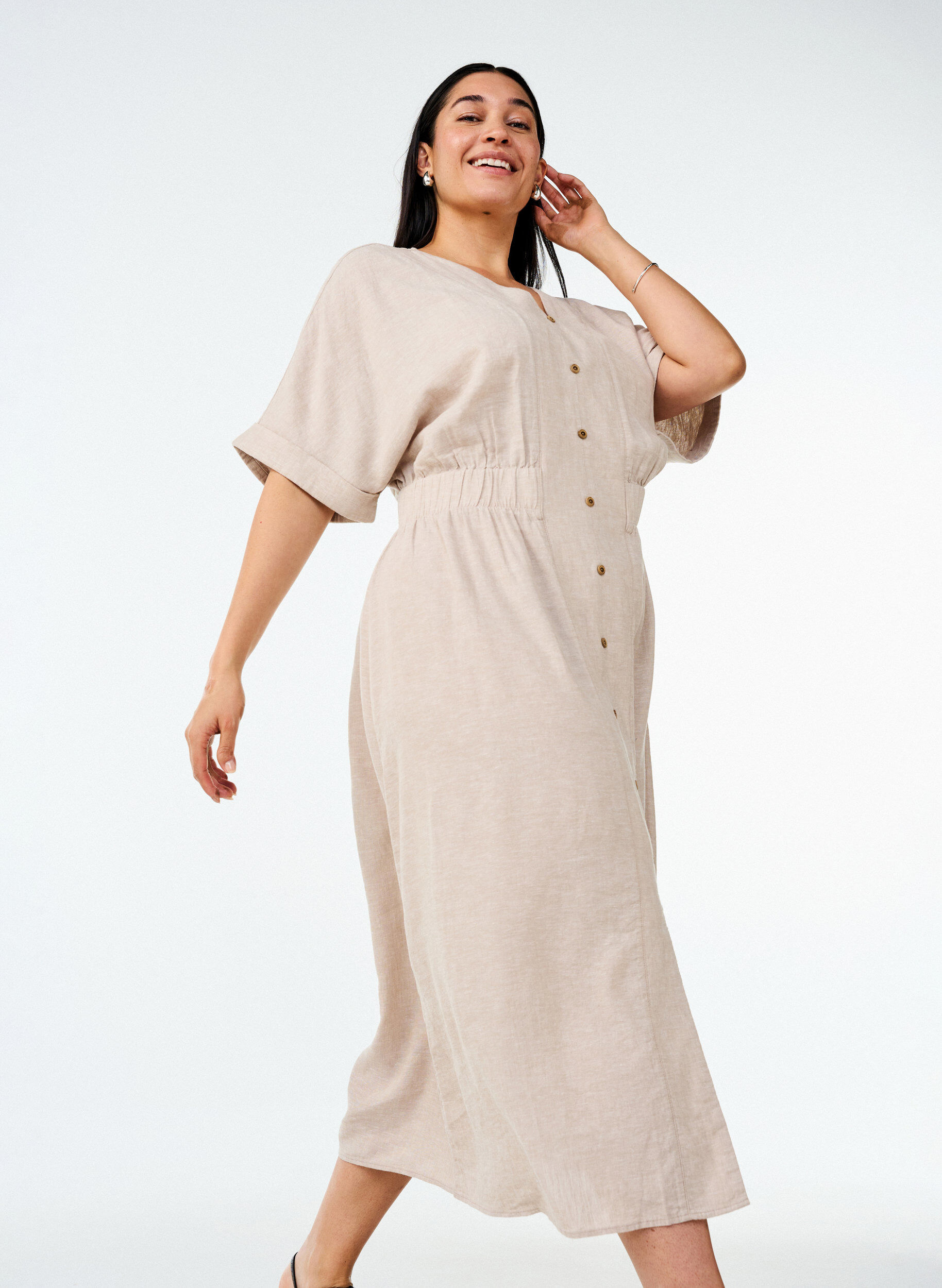 Zizzi Robe midi en lin et viscose fendue sur le devant, Beige, Image image number 0