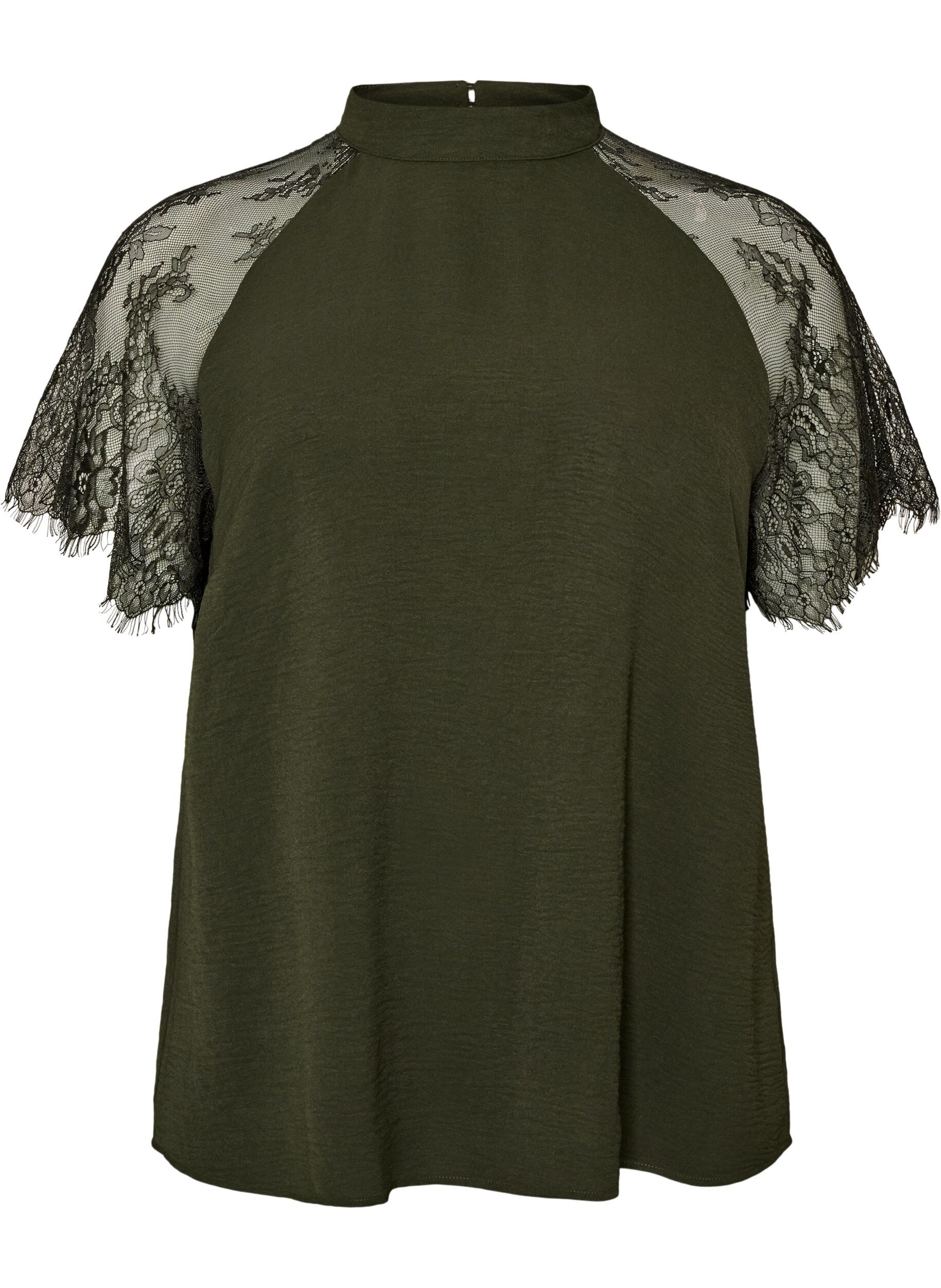 Blouse &agrave; col montant avec manches courtes en dentelle