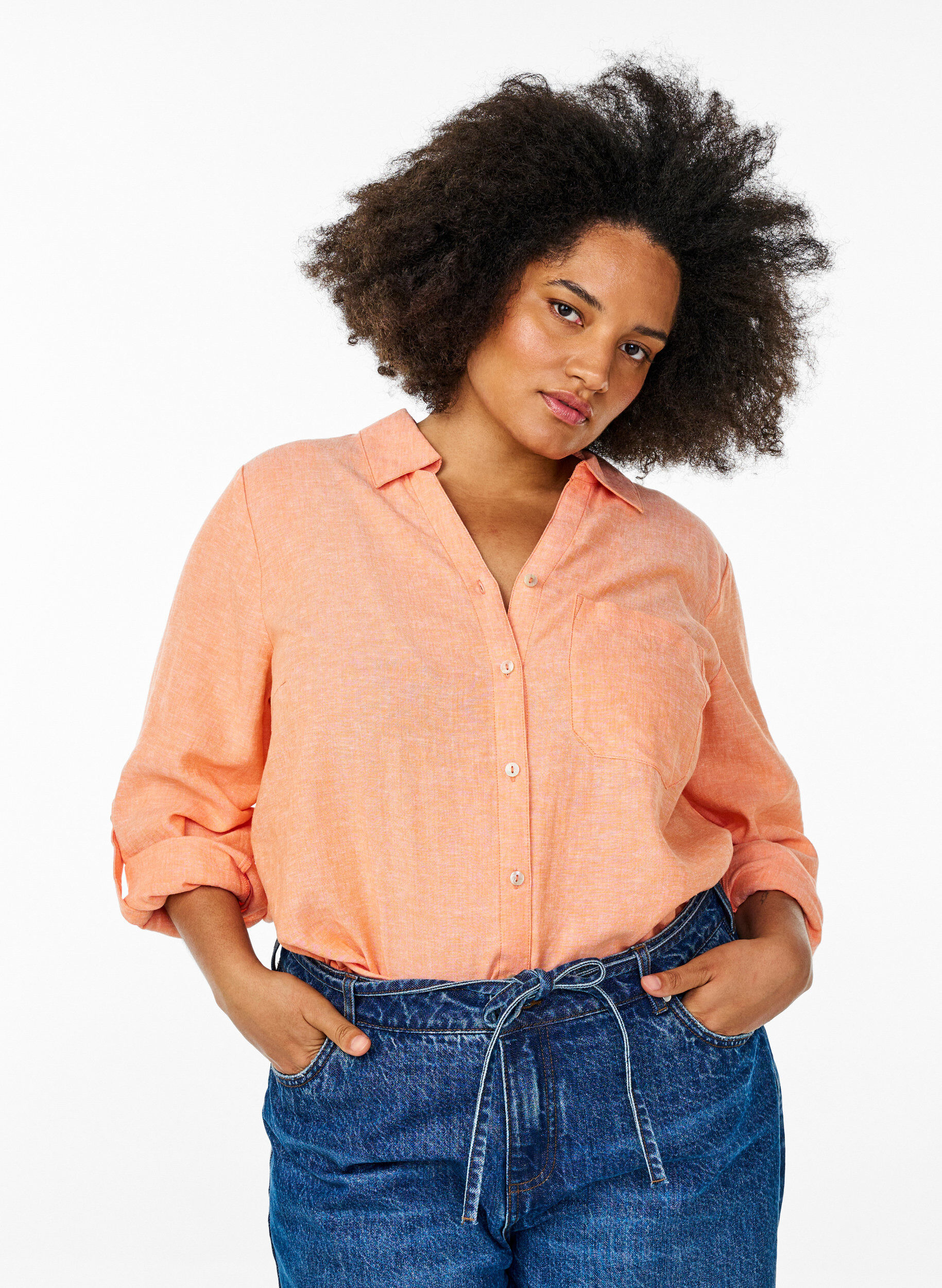 Chemise en lin et viscose avec manches 3/4, Corail, Model