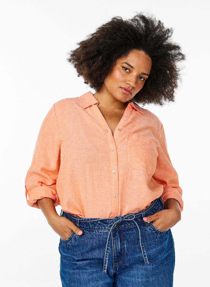 Chemise en lin et viscose avec manches 3/4, Corail, Model image number 0