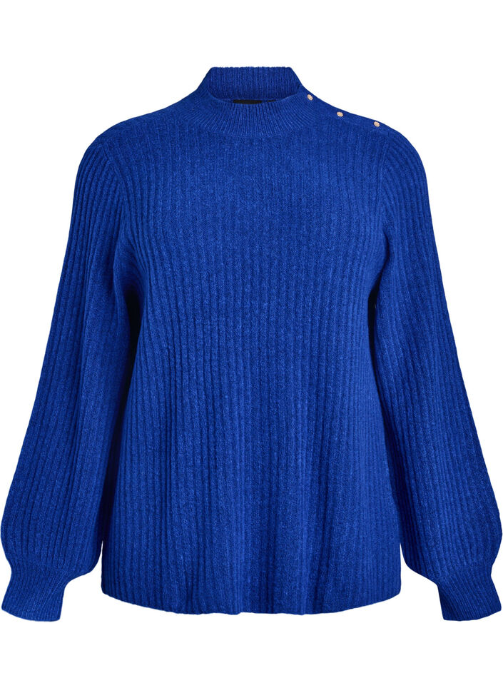 Pull c&ocirc;tel&eacute; &agrave; manches bouffantes et boutons, Bleu, Packshot image number 0