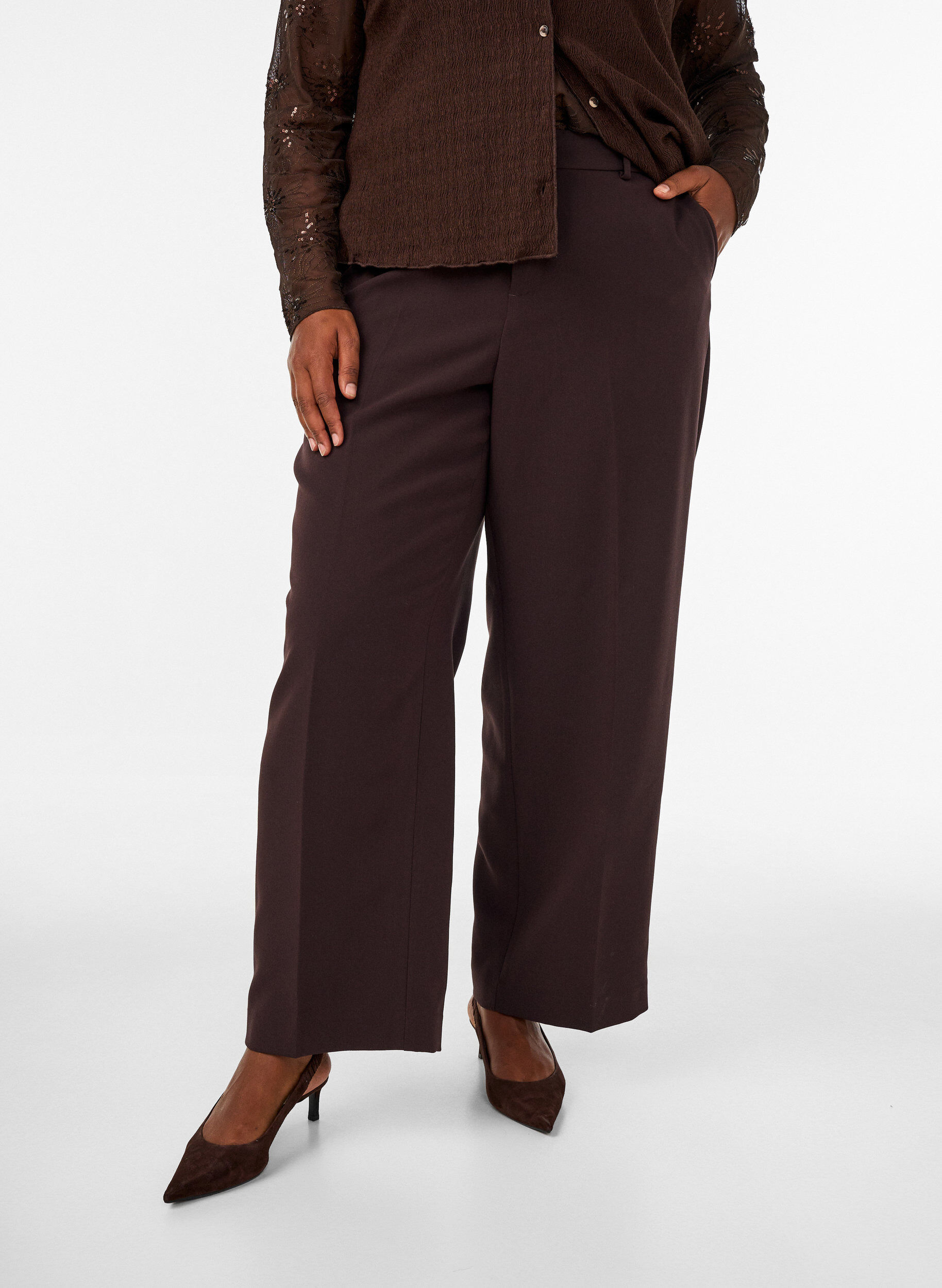 ZizziPantalon tailleur large &agrave; taille haute, Marron, Model image number 2