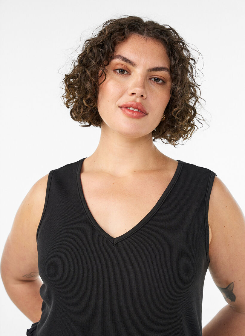 Robe midi sans manches en coton avec maille c&ocirc;tel&eacute;e et mousseline, Noir, Model image number 2